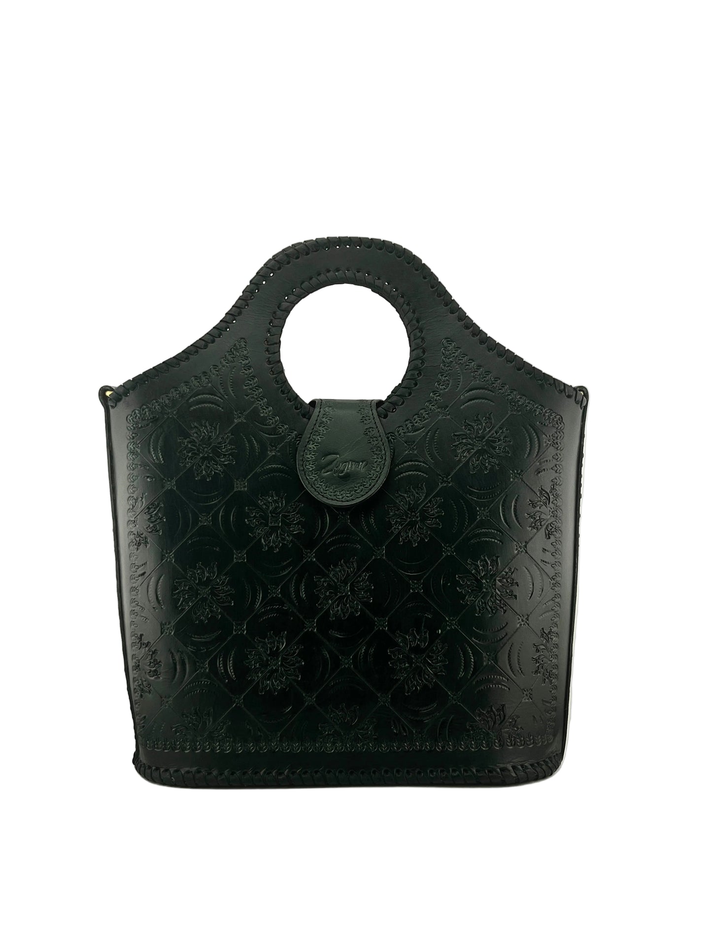 Zygma Handmade Genuine Leather Handbag for Women | Hand-Stamped Floral Tote | Circular Whipstitch Handle | Medium Structured Bag | Crossbody Strap | Black & Green | Artisan Ethnic Boho Purse