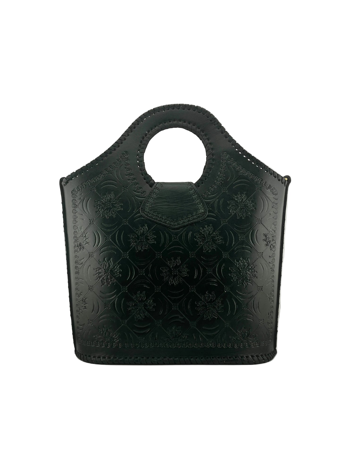 Zygma Handmade Genuine Leather Handbag for Women | Hand-Stamped Floral Tote | Circular Whipstitch Handle | Medium Structured Bag | Crossbody Strap | Black & Green | Artisan Ethnic Boho Purse