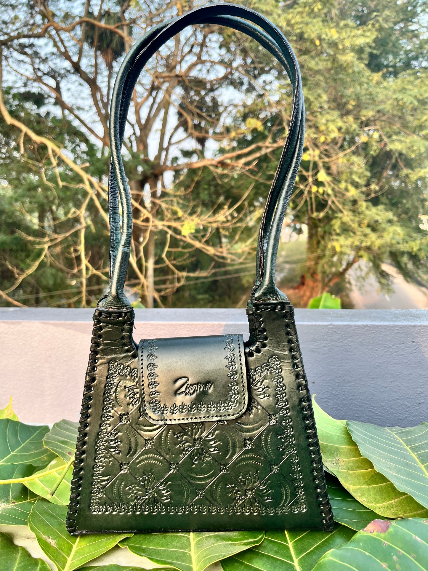 Zygma Handmade Genuine Leather Handbag for Women | Hand-Stamped Floral Diamond Tote | Black Whipstitch Edges | Green | Small Structured Shoulder Bag