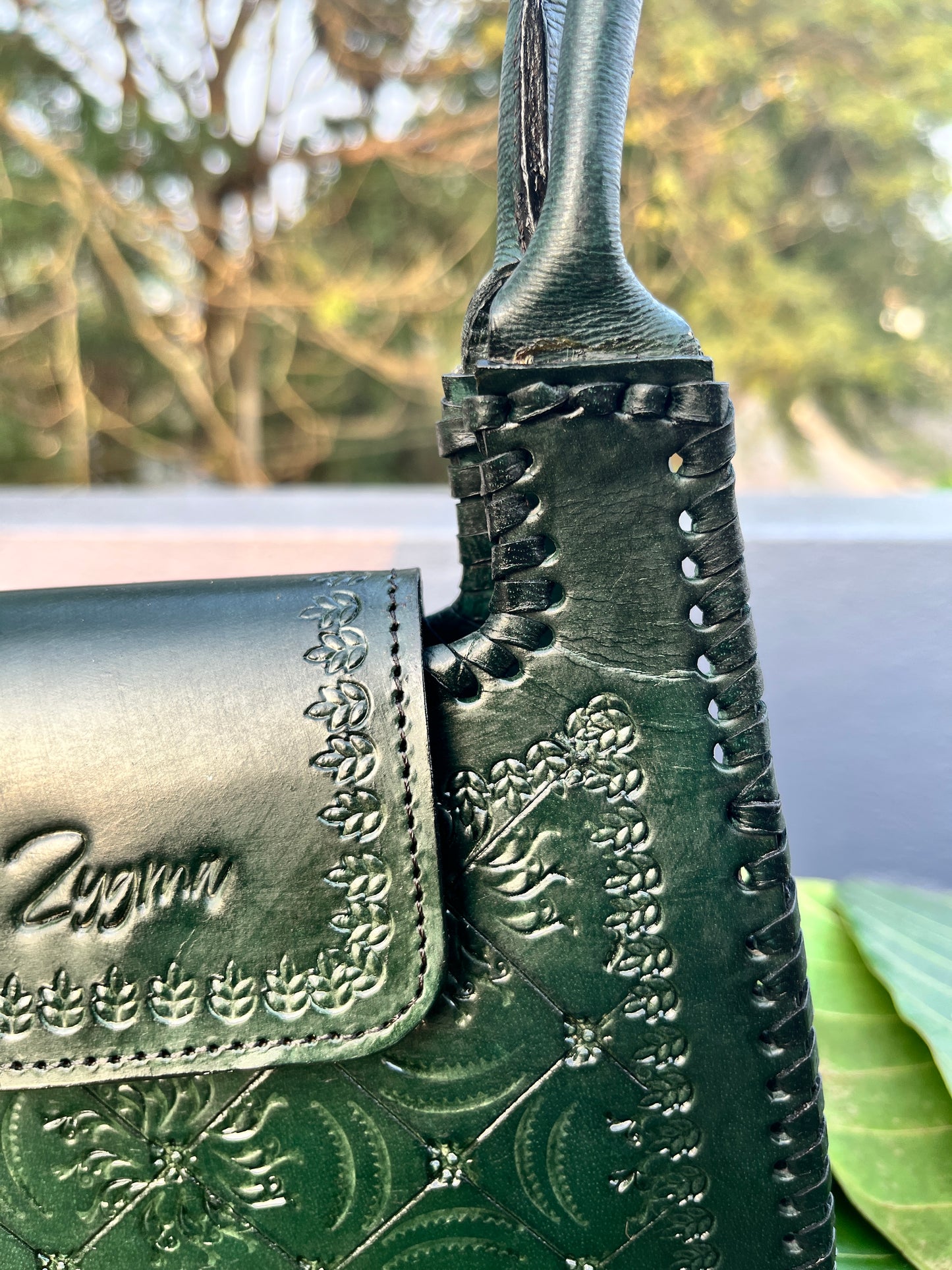 Zygma Handmade Genuine Leather Handbag for Women | Hand-Stamped Floral Diamond Tote | Black Whipstitch Edges | Green | Small Structured Shoulder Bag