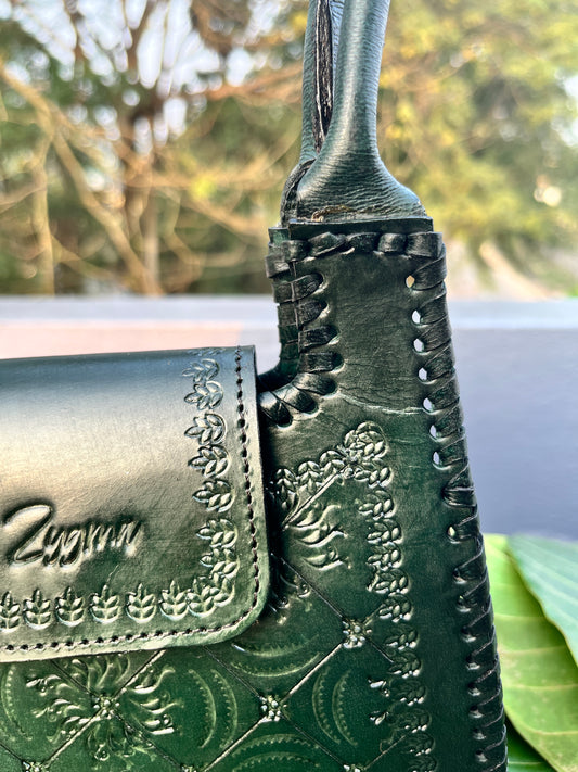 Zygma Handmade Genuine Leather Handbag for Women | Hand-Stamped Floral Diamond Tote | Black Whipstitch Edges | Green | Small Structured Shoulder Bag