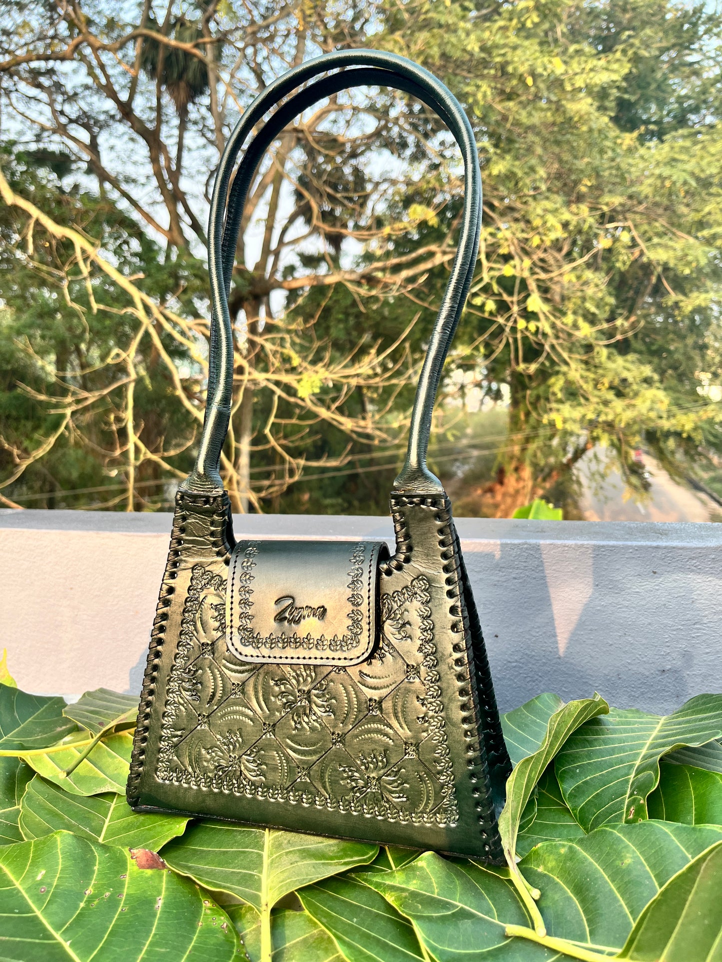Zygma Handmade Genuine Leather Handbag for Women | Hand-Stamped Floral Diamond Tote | Black Whipstitch Edges | Green | Small Structured Shoulder Bag