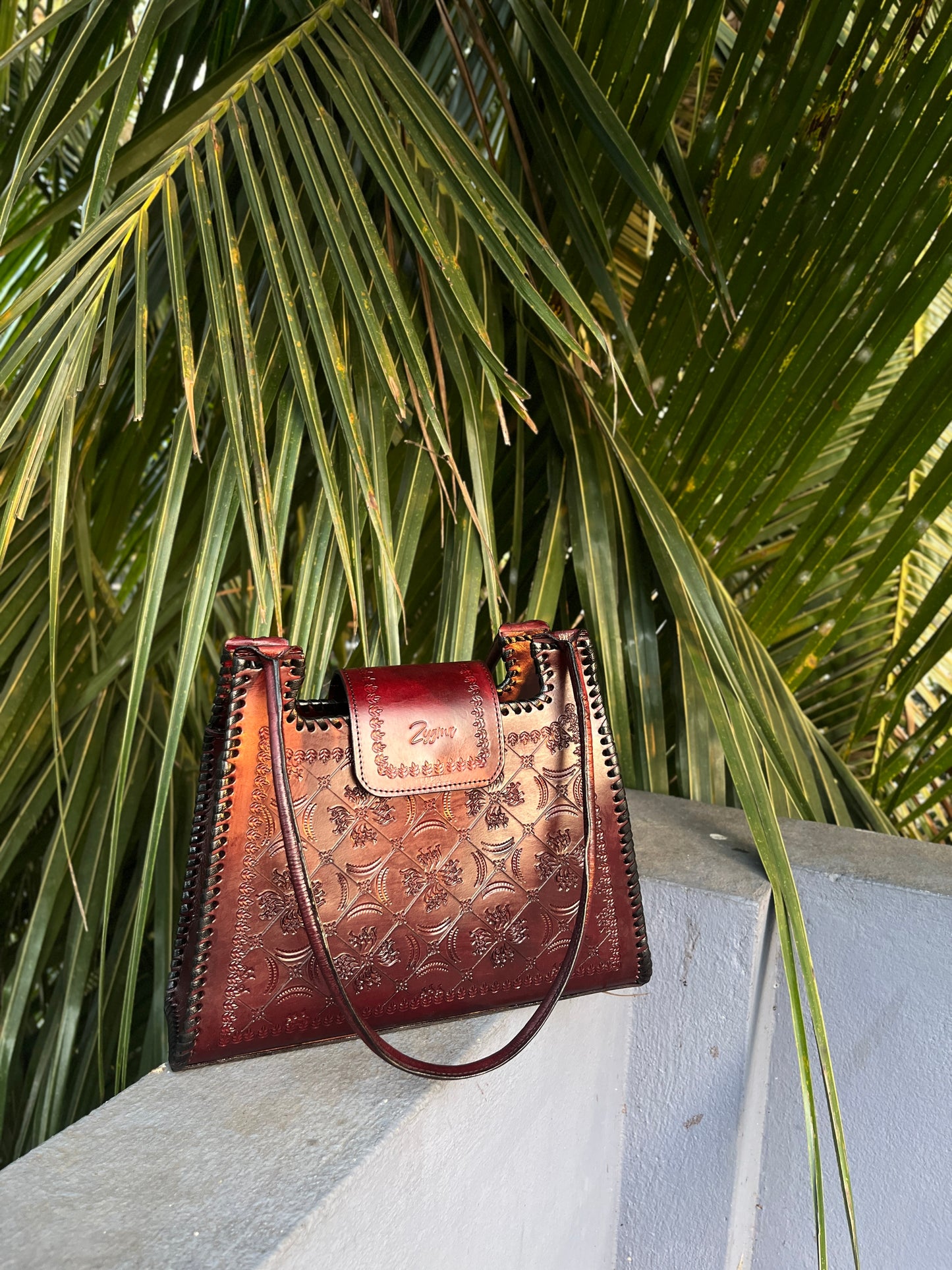 Zygma Handmade Genuine Leather Handbag for Women | Hand-Stamped Floral Diamond Tote | Black Whipstitch Edges | Burgundy Wine | Medium Structured Shoulder Bag | Zygma Embossed Flap | Artisan Ethnic Purse
