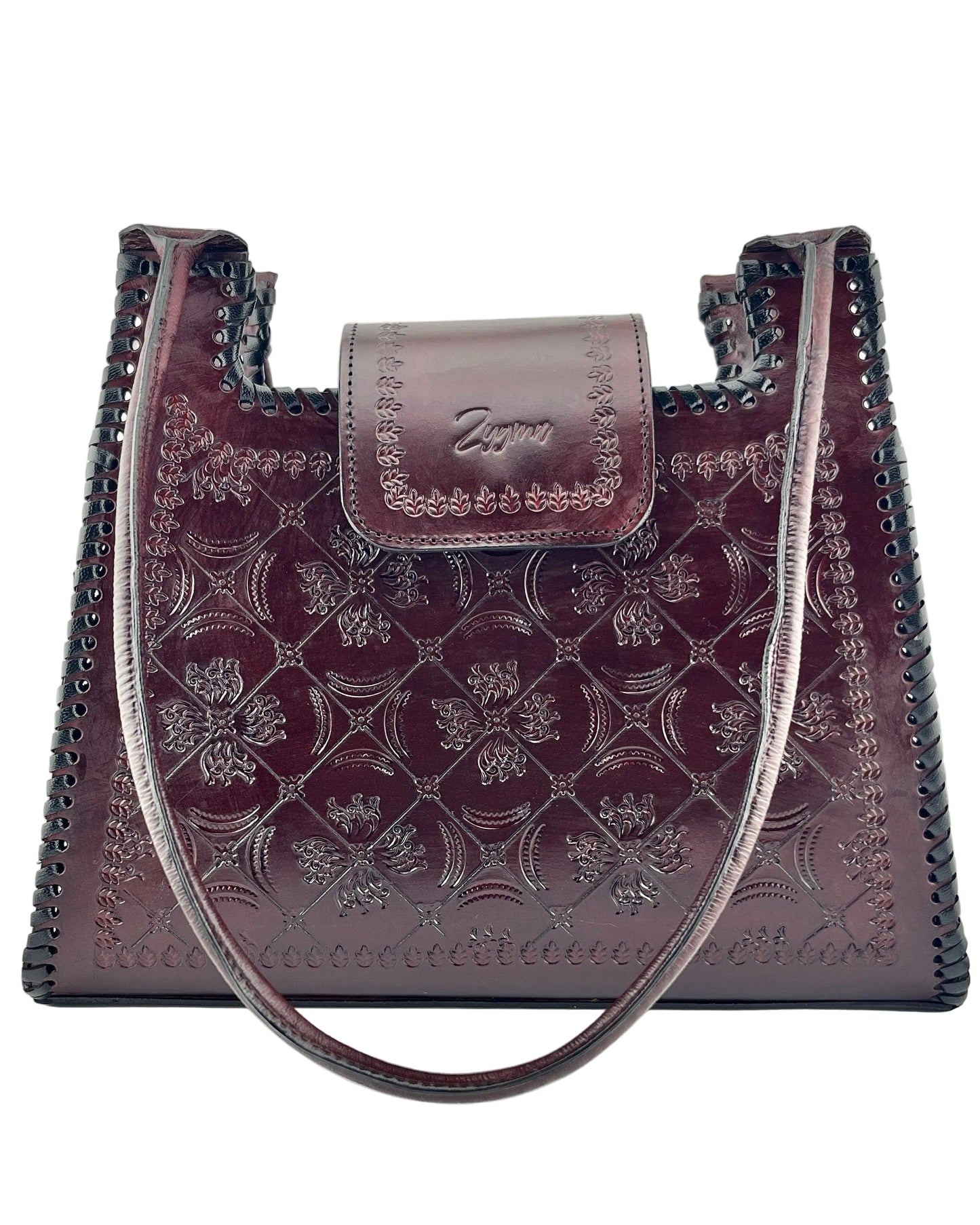 Zygma Handmade Genuine Leather Handbag for Women | Hand-Stamped Floral Diamond Tote | Black Whipstitch Edges | Burgundy Wine | Medium Structured Shoulder Bag | Zygma Embossed Flap | Artisan Ethnic Purse