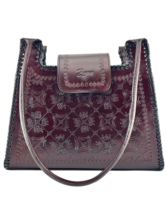 Zygma Handmade Genuine Leather Handbag for Women | Hand-Stamped Floral Diamond Tote | Black Whipstitch Edges | Burgundy Wine | Medium Structured Shoulder Bag | Zygma Embossed Flap | Artisan Ethnic Purse