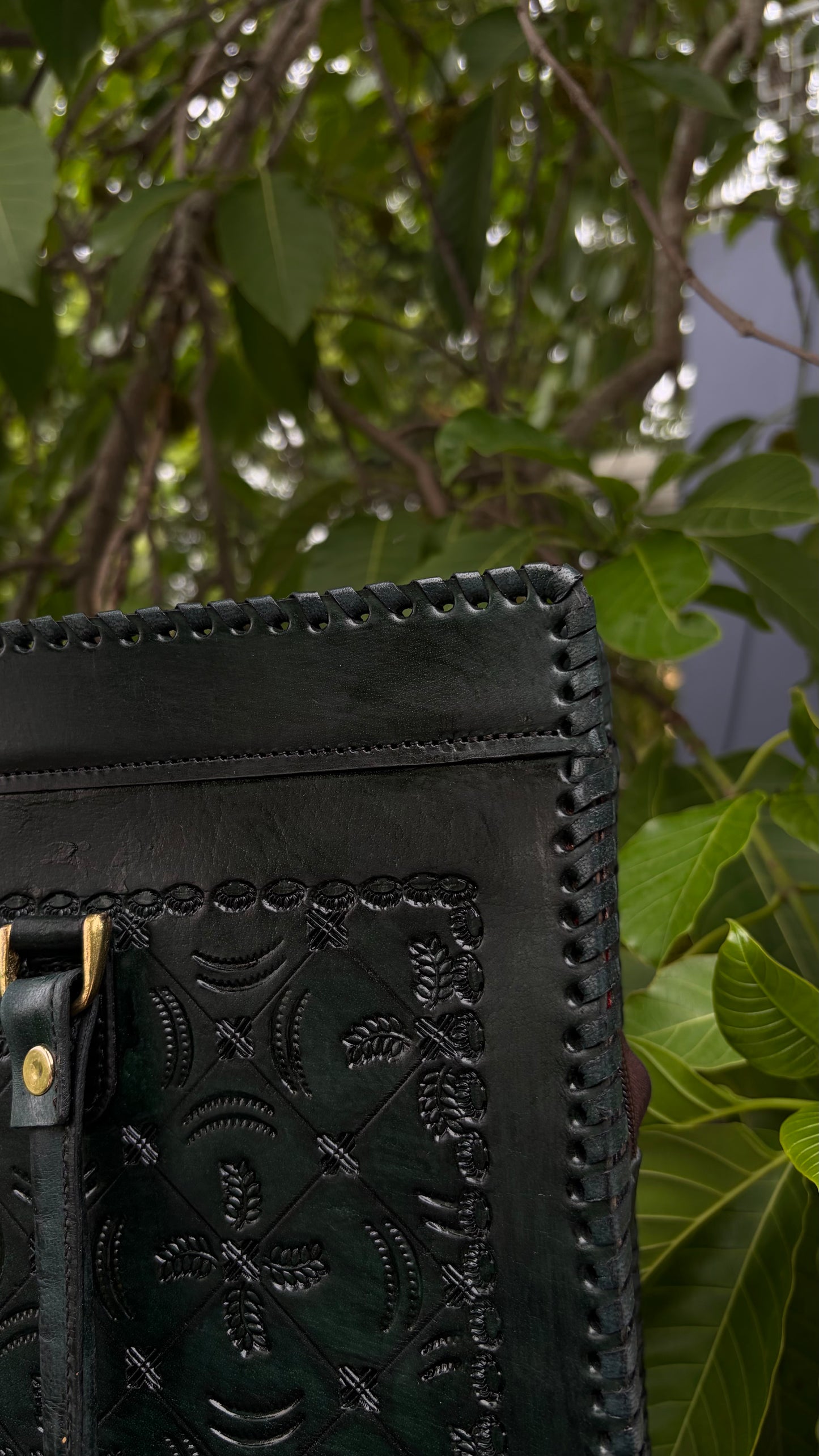 Zygma Embossed Forest Green Tote medium-leaf design — Genuine Leather