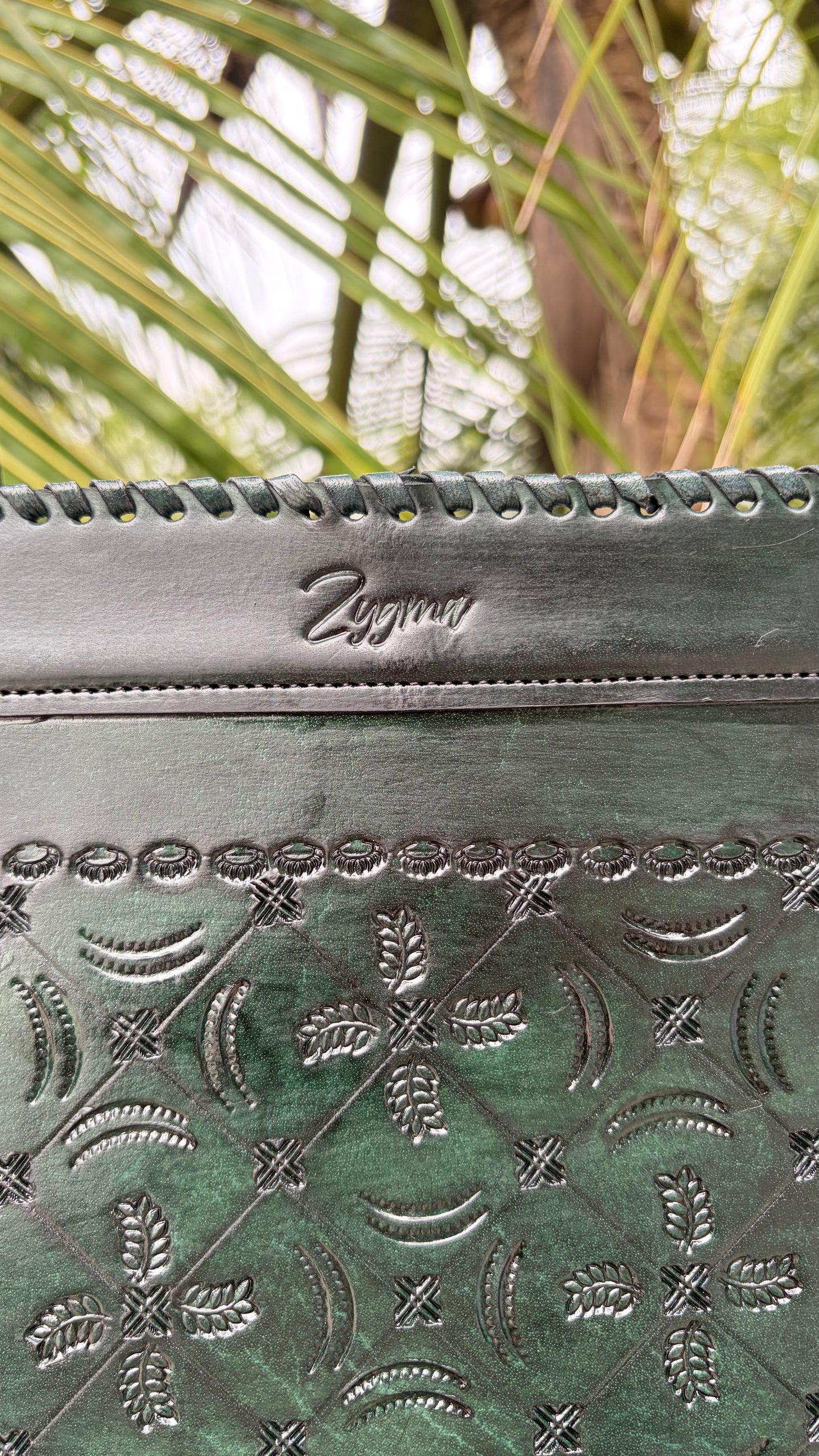 Zygma Embossed Forest Green Tote medium-leaf design — Genuine Leather