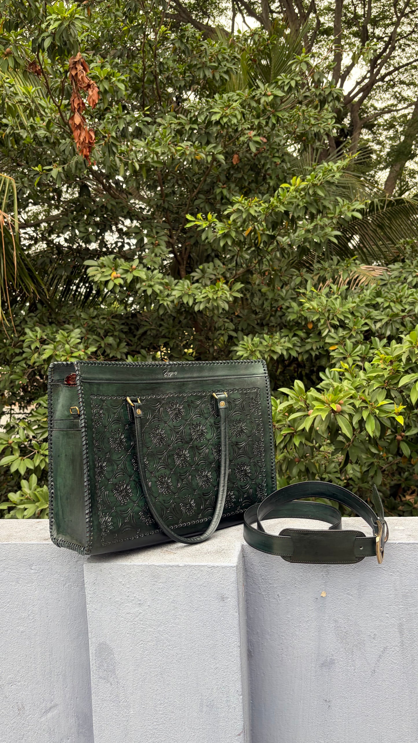 Genuine Leather Tote Bag for Women | Hand-Embossed Forest Green Bag-thusa-design-medium| Zygma
