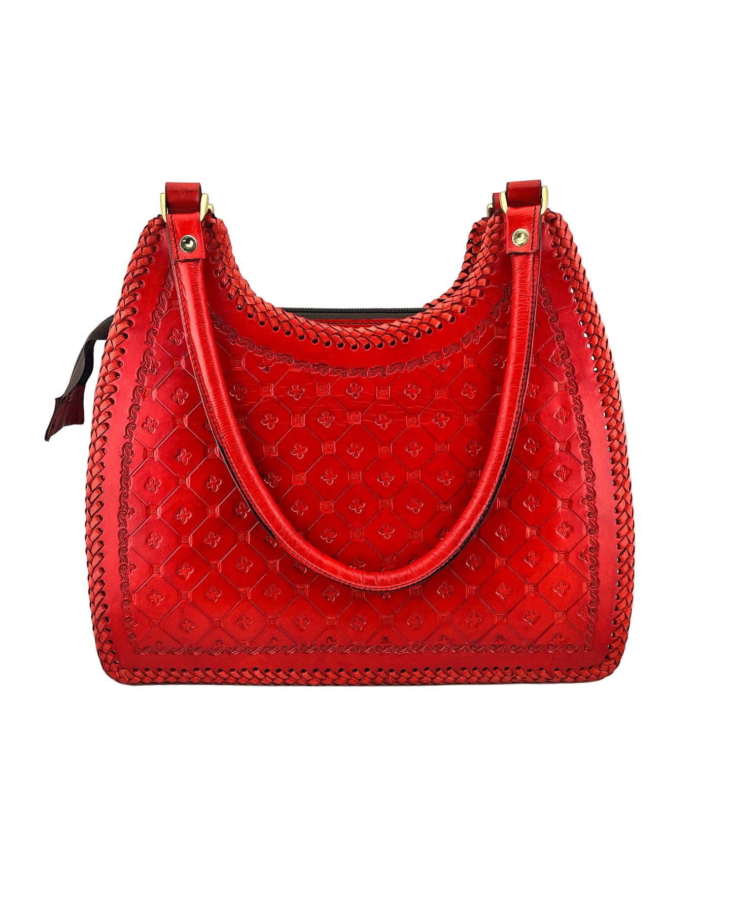 Zygma Handmade Genuine Leather Hobo Bag — Red Floral Hand-Tooled with Braided Edge