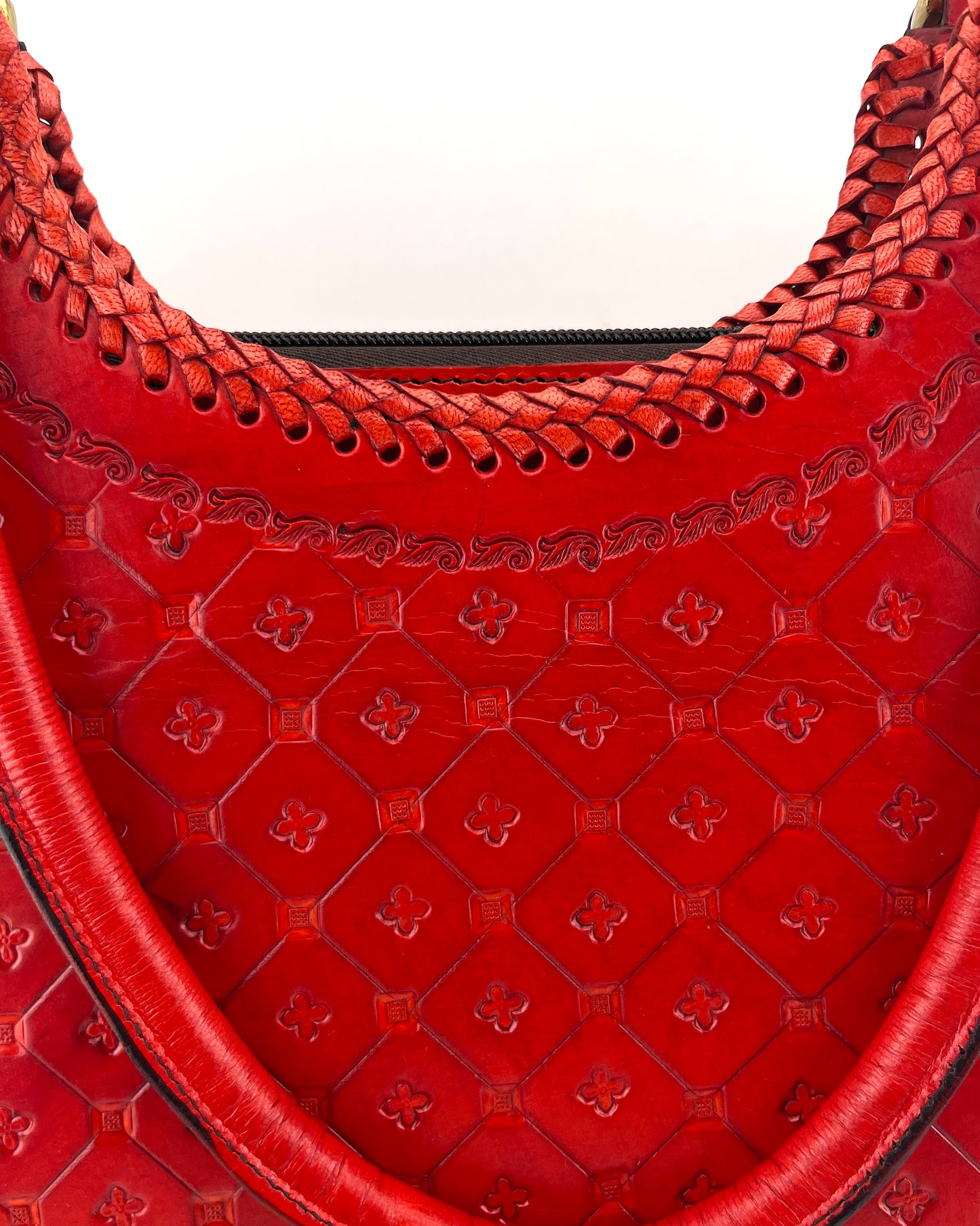 Zygma Handmade Genuine Leather Hobo Bag — Red Floral Hand-Tooled with Braided Edge