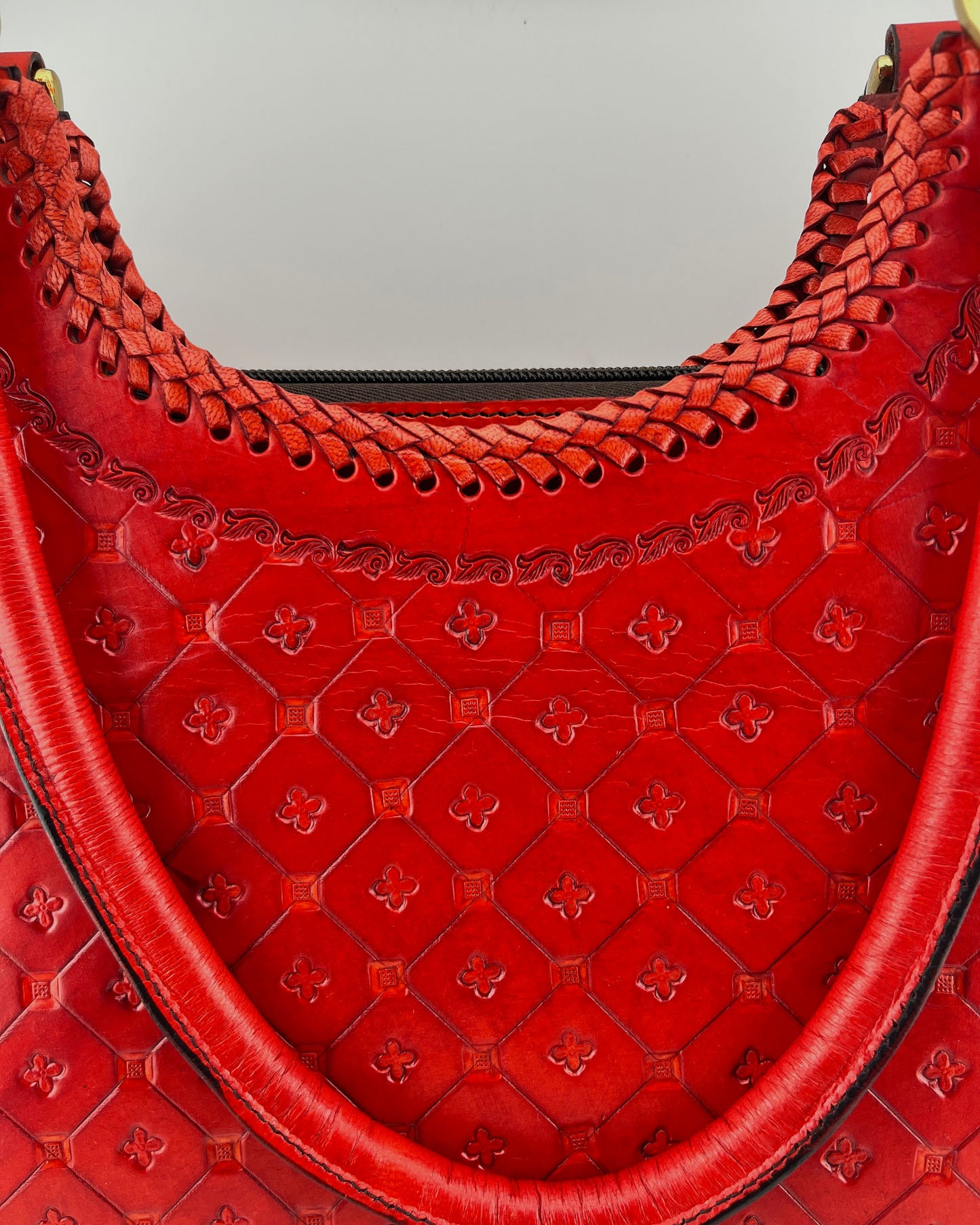 Zygma Handmade Genuine Leather Hobo Bag — Red Floral Hand-Tooled with Braided Edge
