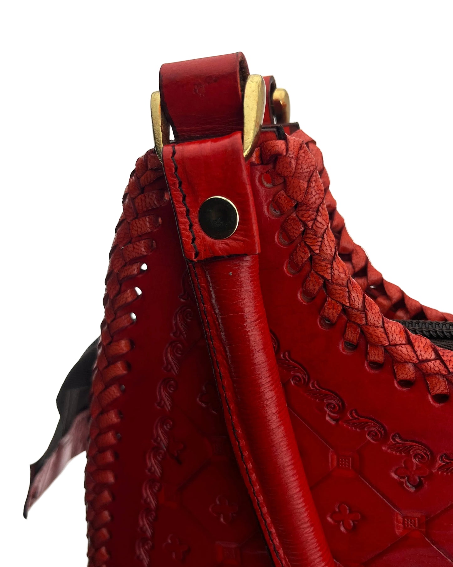 Zygma Handmade Genuine Leather Hobo Bag — Red Floral Hand-Tooled with Braided Edge