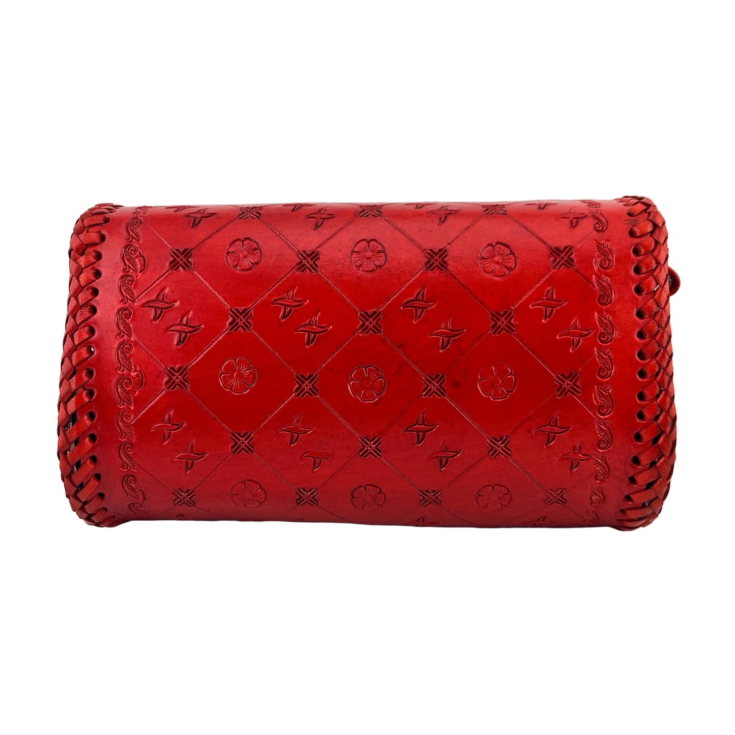 Red handbag with a woven pattern on a white background