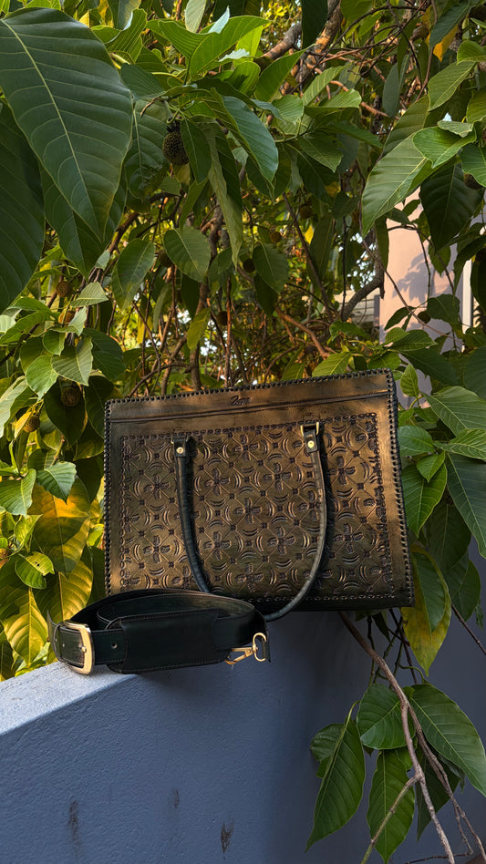 Zygma Embossed Forest Green Tote medium-leaf design — Genuine Leather