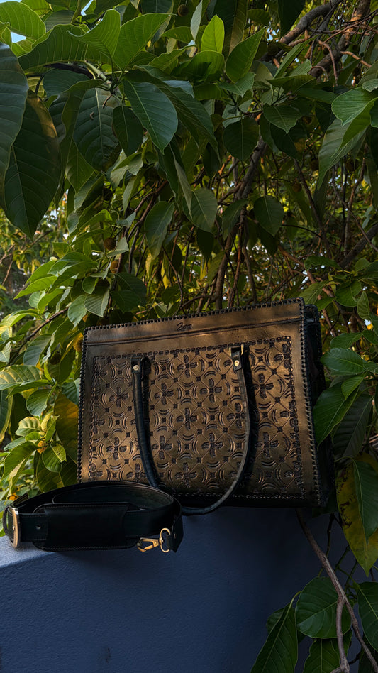 Zygma Embossed Forest Green Tote medium-leaf design — Genuine Leather