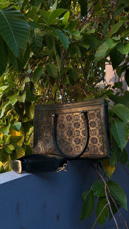 Genuine Leather Tote Bag for Women | Hand-Embossed Forest Green Bag-thusa-design-medium| Zygma