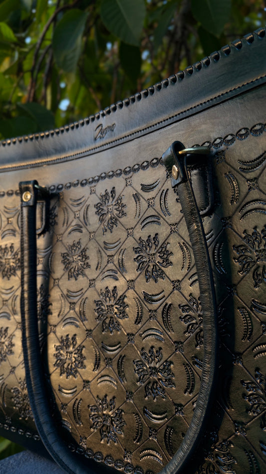 Genuine Leather Tote Bag for Women | Hand-Embossed Forest Green Bag-thusa-design-medium| Zygma