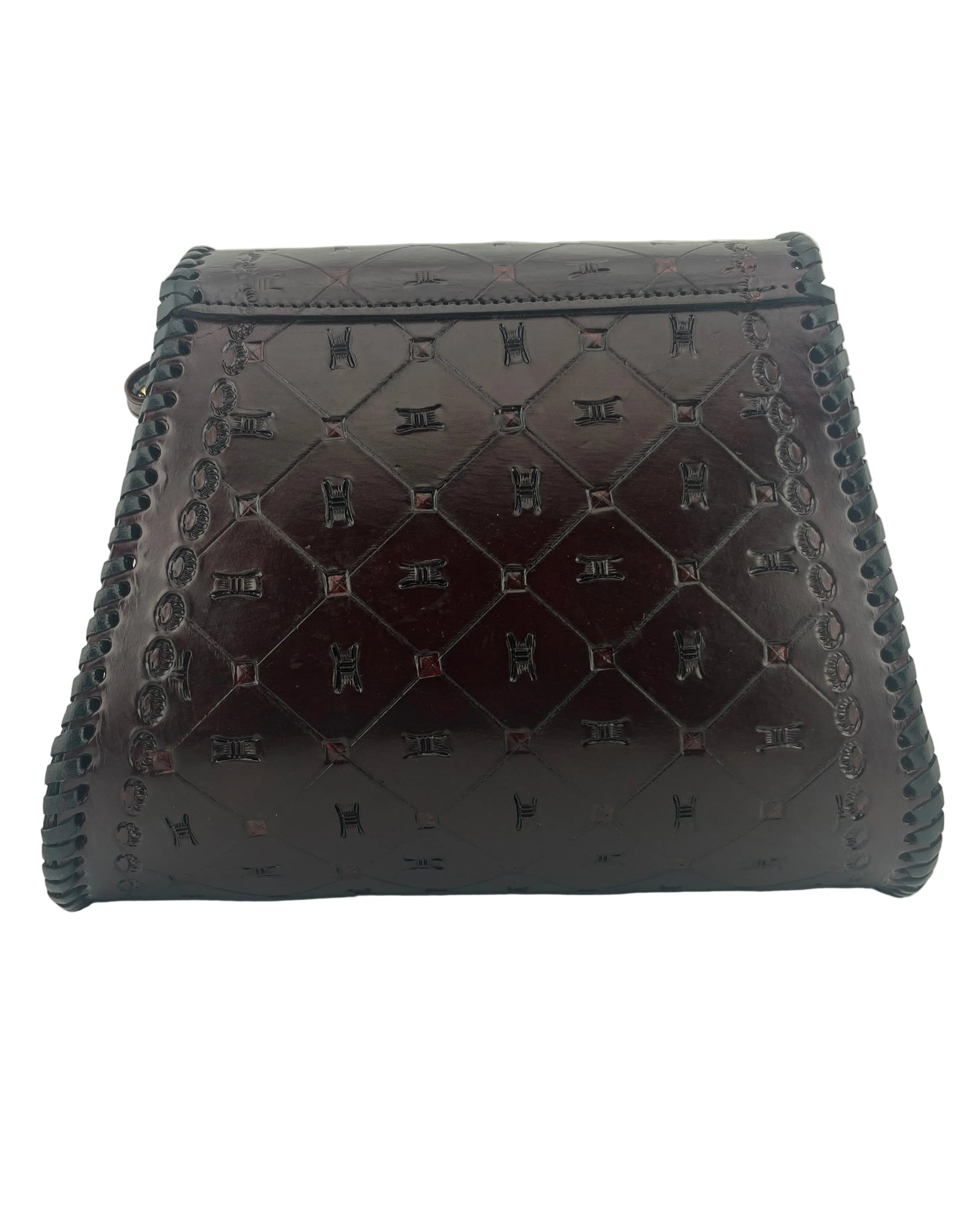 Dark brown quilted handbag with a pattern on a white background