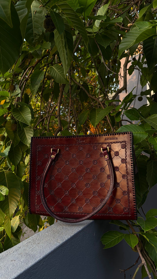 ZYGMA 14-Inch Handmade Genuine Leather Laptop Tote Bag | Floral Diamond-Quilt Design | Cognac Brown | Dual Handle + Crossbody Strap