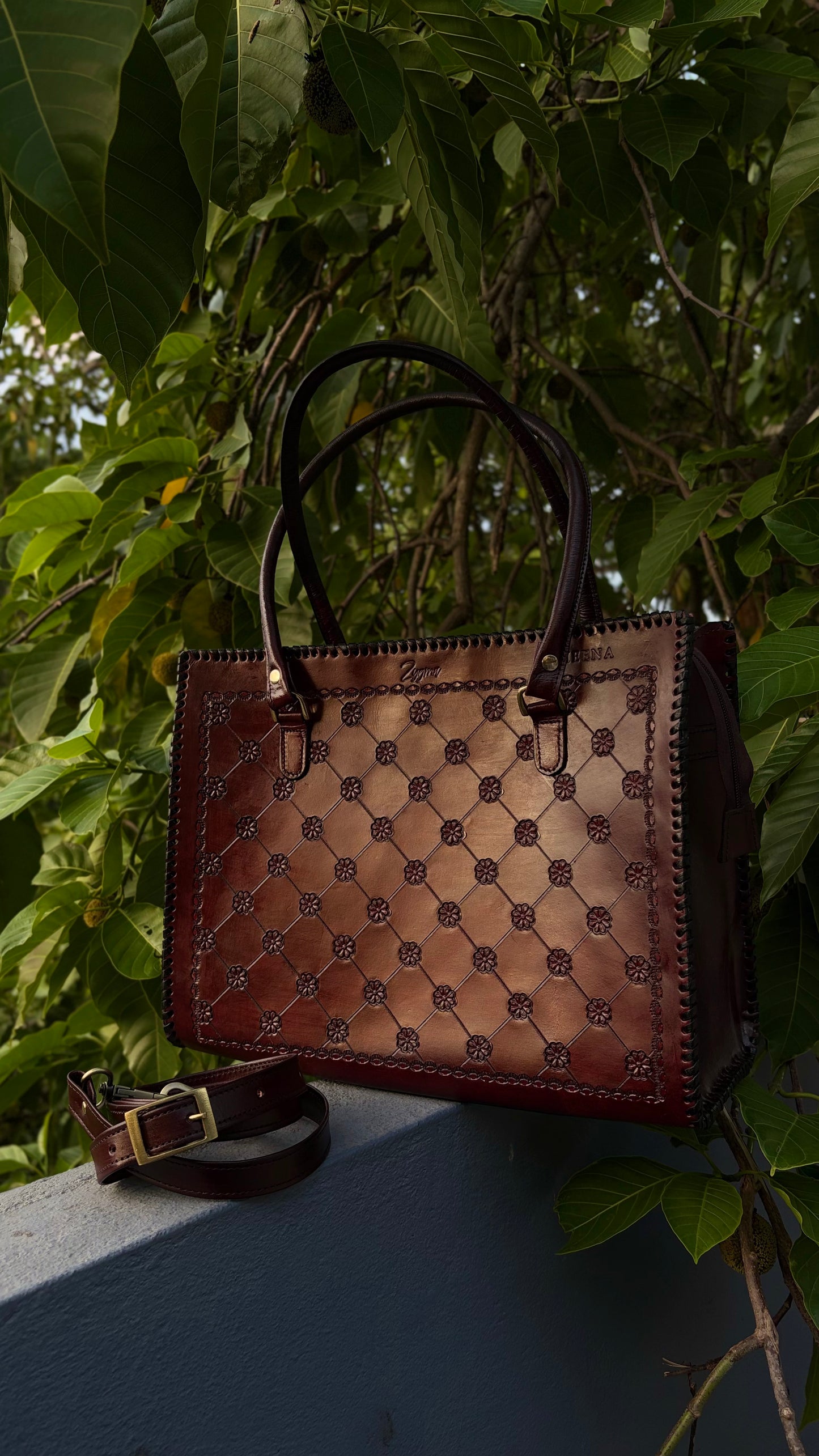 ZYGMA 14-Inch Handmade Genuine Leather Laptop Tote Bag | Floral Diamond-Quilt Design | Cognac Brown | Dual Handle + Crossbody Strap