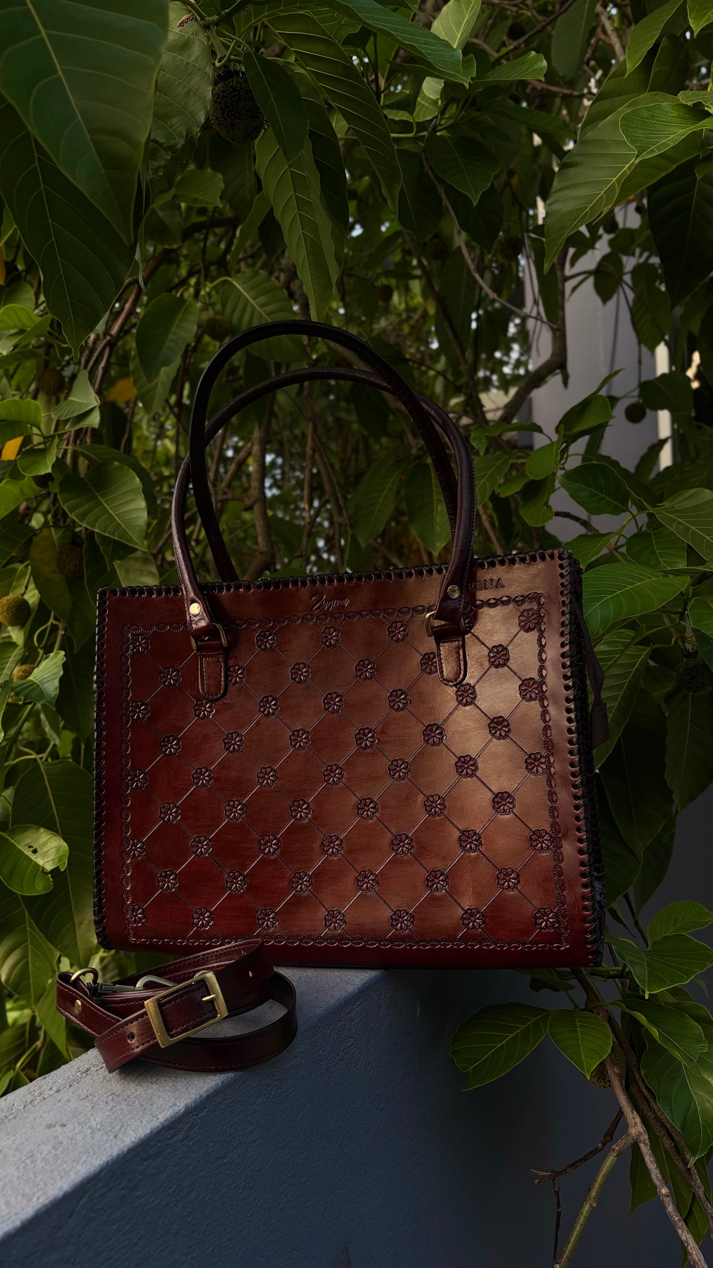 ZYGMA 14-Inch Handmade Genuine Leather Laptop Tote Bag | Floral Diamond-Quilt Design | Cognac Brown | Dual Handle + Crossbody Strap