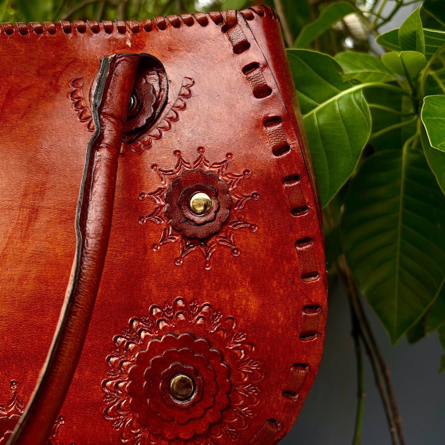 Zygma Hand-Carved Rosette Half-Moon Handbag — Cognac Tan