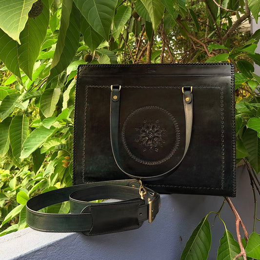 Zygma Oversized Genuine Leather Laptop Tote for Women | Hand-Carved Medallion | Green | Detachable Crossbody Strap