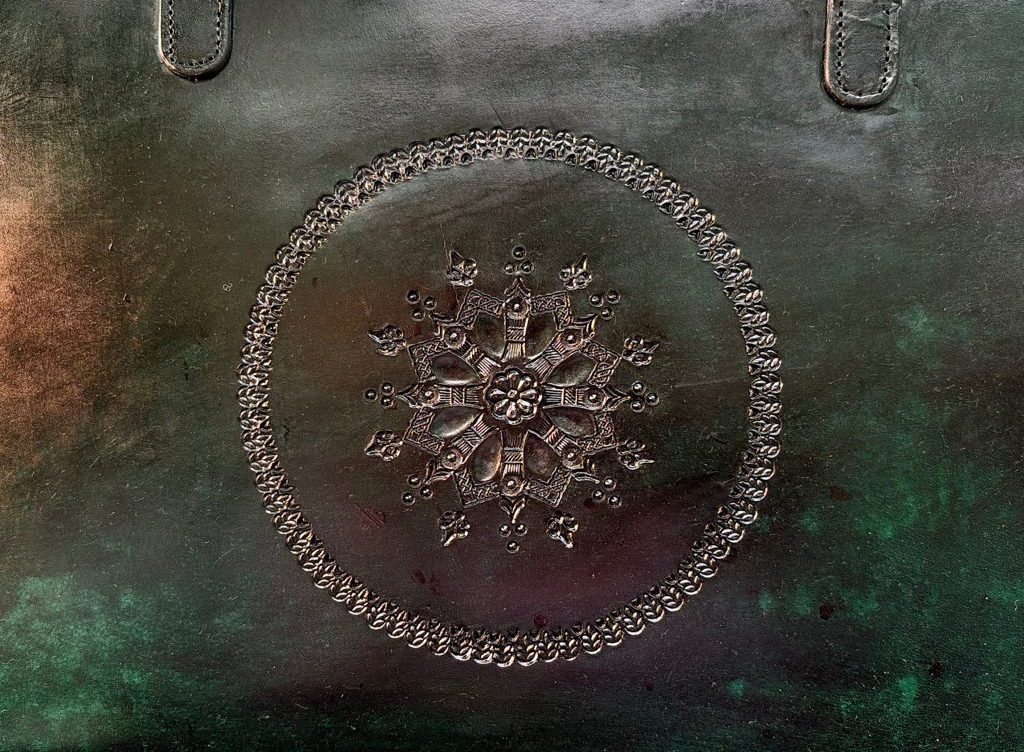 Zygma Oversized Genuine Leather Laptop Tote for Women | Hand-Carved Medallion | Green | Detachable Crossbody Strap