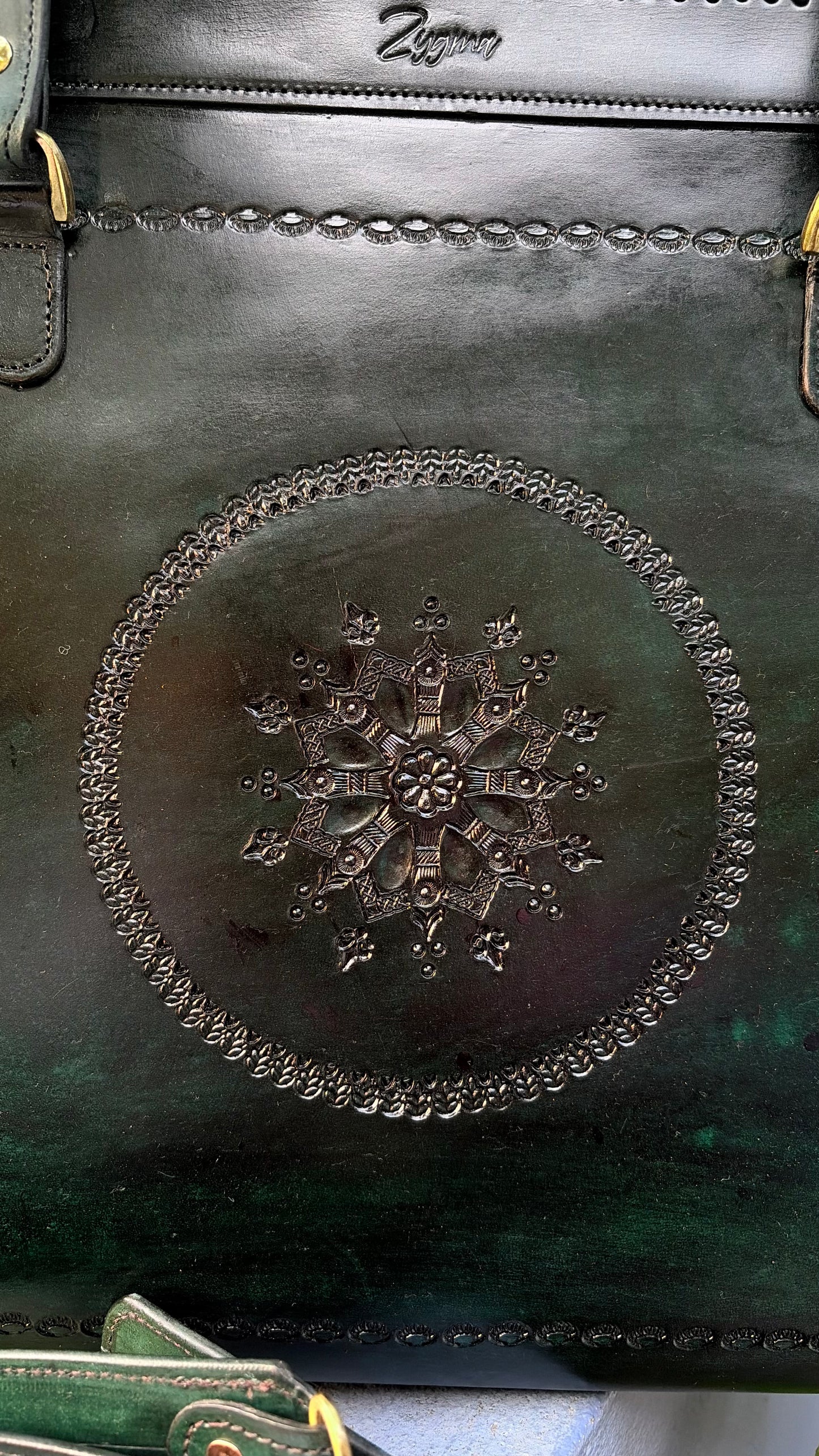 Zygma Oversized Genuine Leather Laptop Tote for Women | Hand-Carved Medallion | Green | Detachable Crossbody Strap