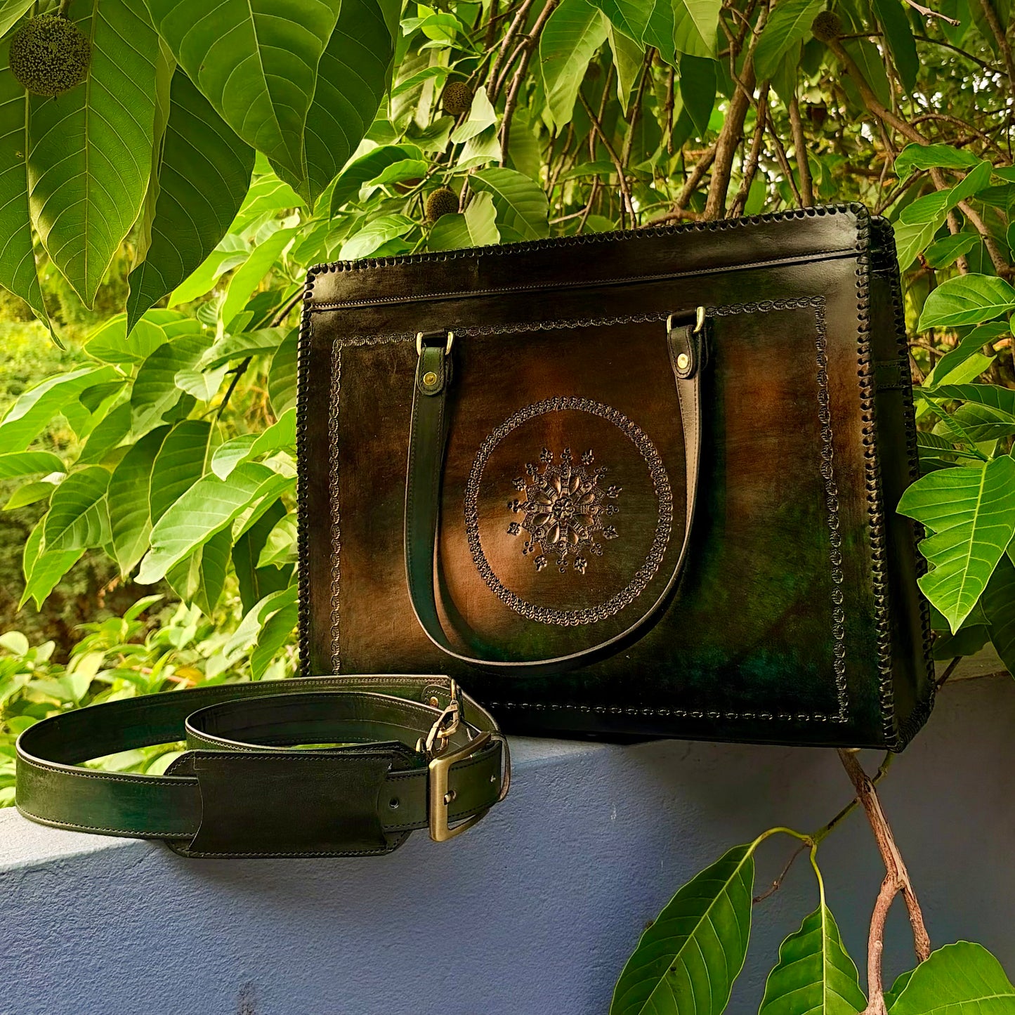 Zygma Oversized Genuine Leather Laptop Tote for Women | Hand-Carved Medallion | Green | Detachable Crossbody Strap