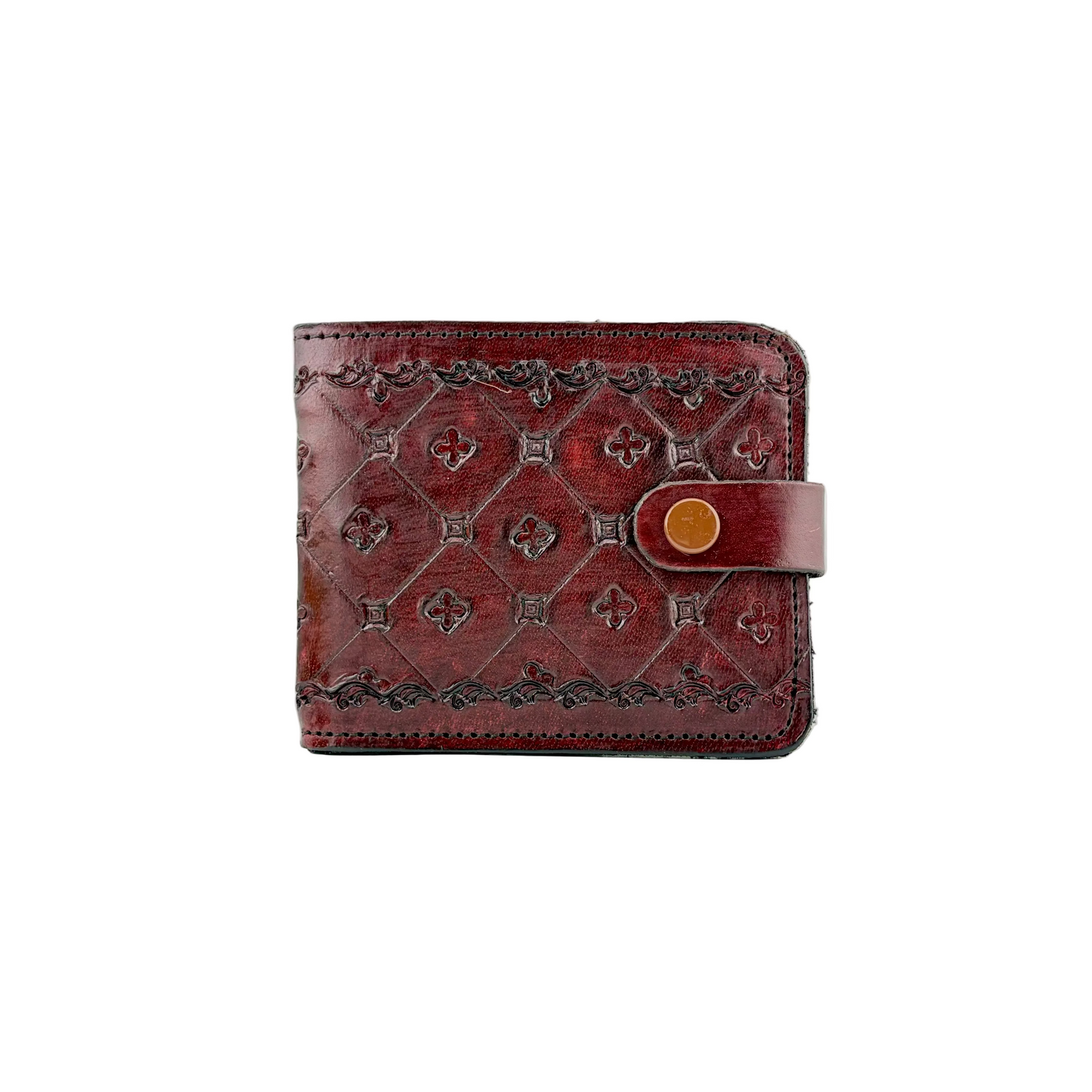 Zygma Genuine Leather Bifold Wallet for Men | Hand-Tooled Quatrefoil Pattern | Burgundy