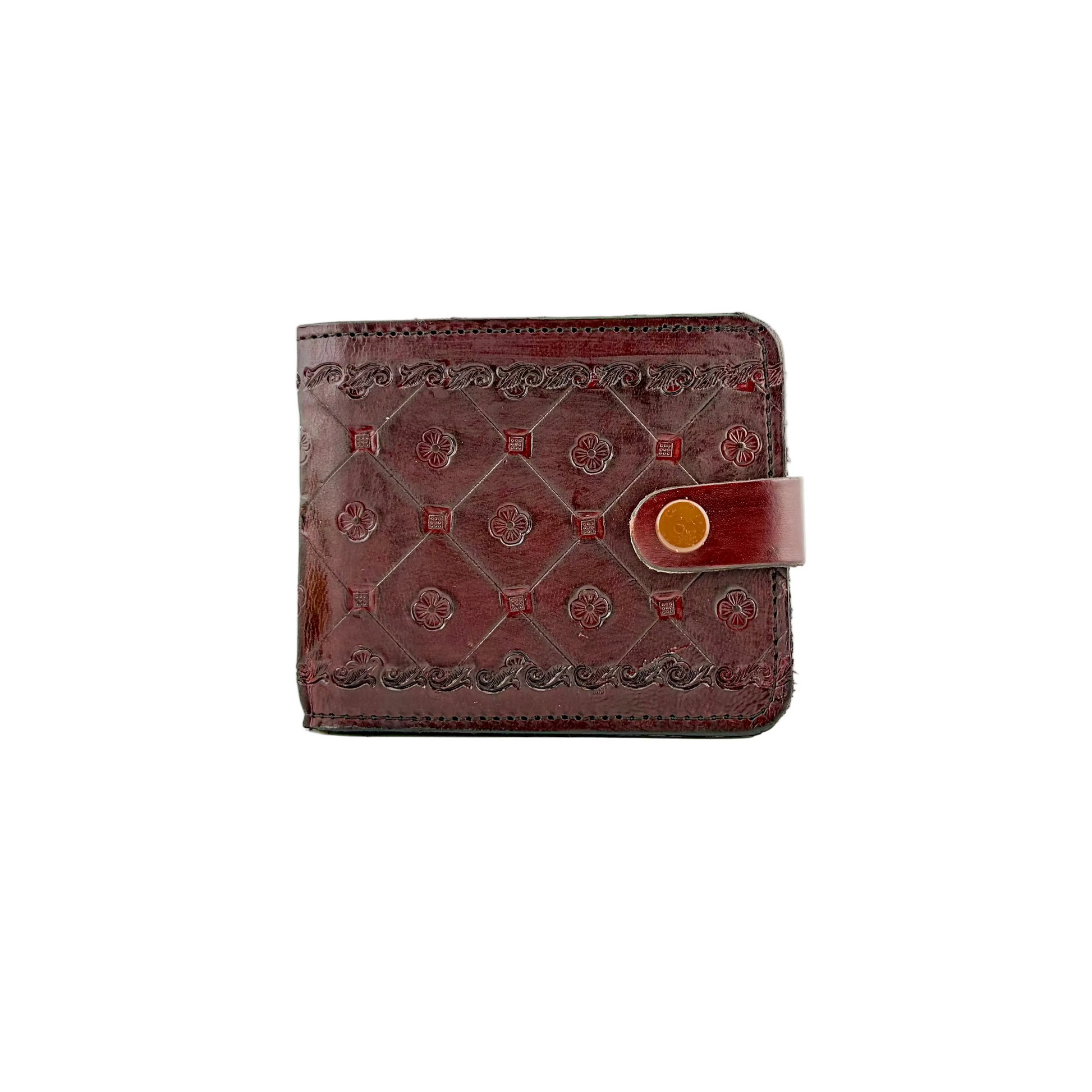 A dark reddish-brown embossed leather bifold wallet with a snap-button strap closure, shown on a clean white background.
