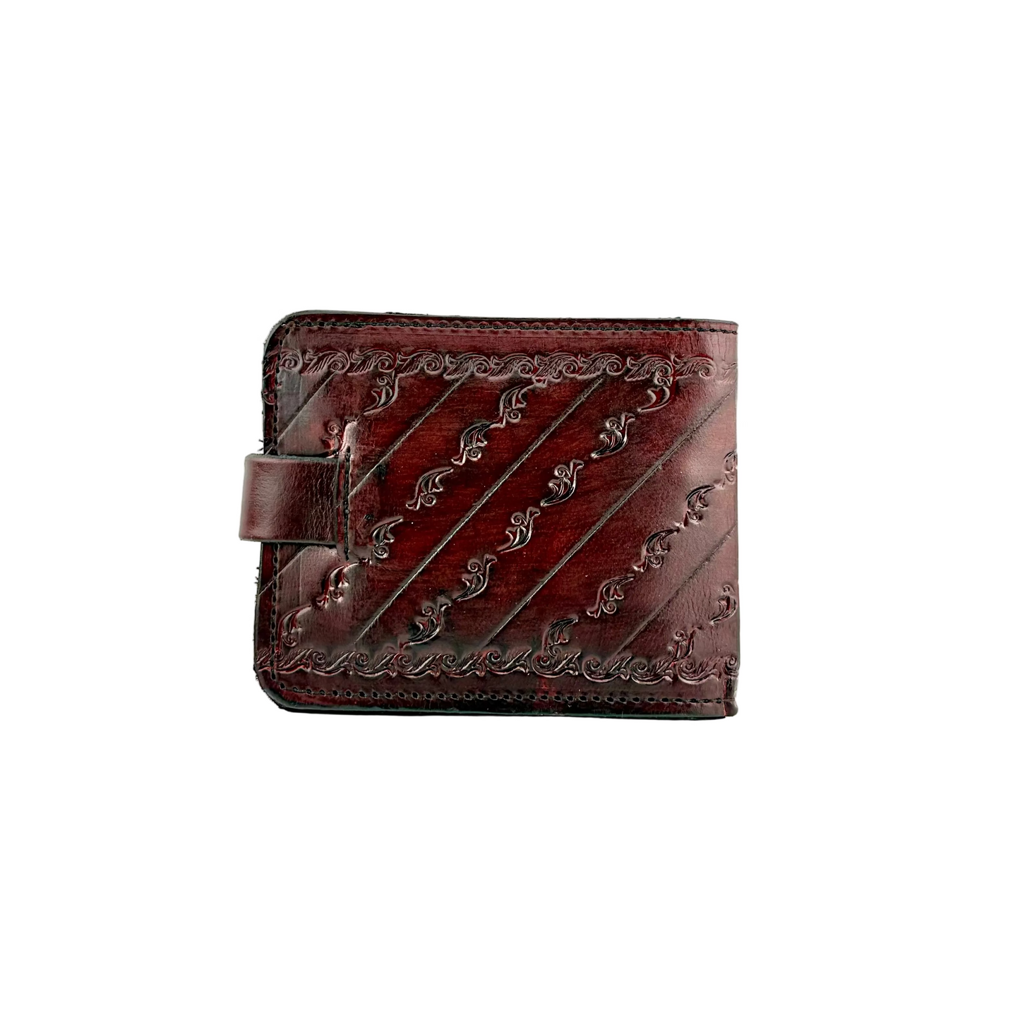 Zygma Genuine Leather Bifold Wallet for Men | Hand-Tooled Diagonal Leaf-Scroll Pattern | Burgundy