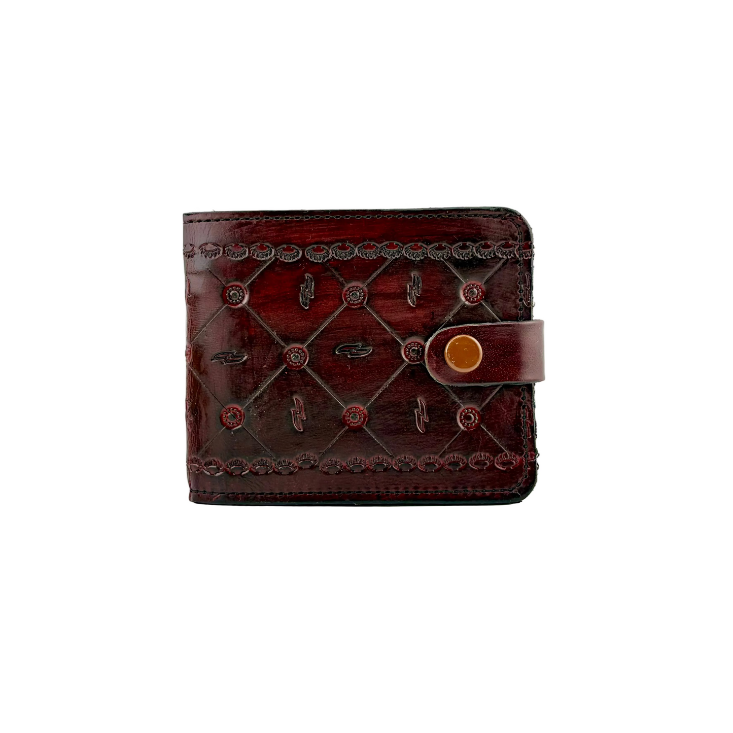 A dark reddish-brown embossed leather wallet with a snap-button strap closure, set against a plain white background.