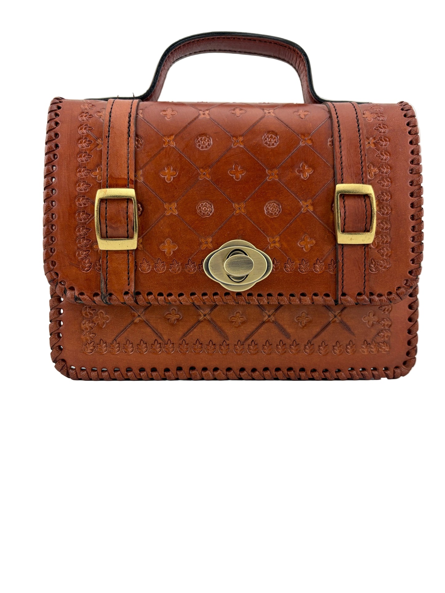 Zygma Handmade Genuine Leather Satchel Bag for Women | Hand-Stamped Floral Diamond | Brass Turn-Lock & Buckle | Tan Cognac | Structured Top Handle Crossbody Bag | Whipstitch Edges | Artisan Ethnic Purse
