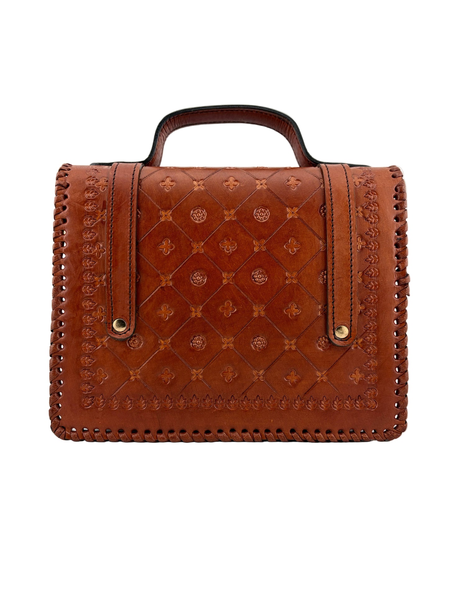 Zygma Handmade Genuine Leather Satchel Bag for Women | Hand-Stamped Floral Diamond | Brass Turn-Lock & Buckle | Tan Cognac | Structured Top Handle Crossbody Bag | Whipstitch Edges | Artisan Ethnic Purse