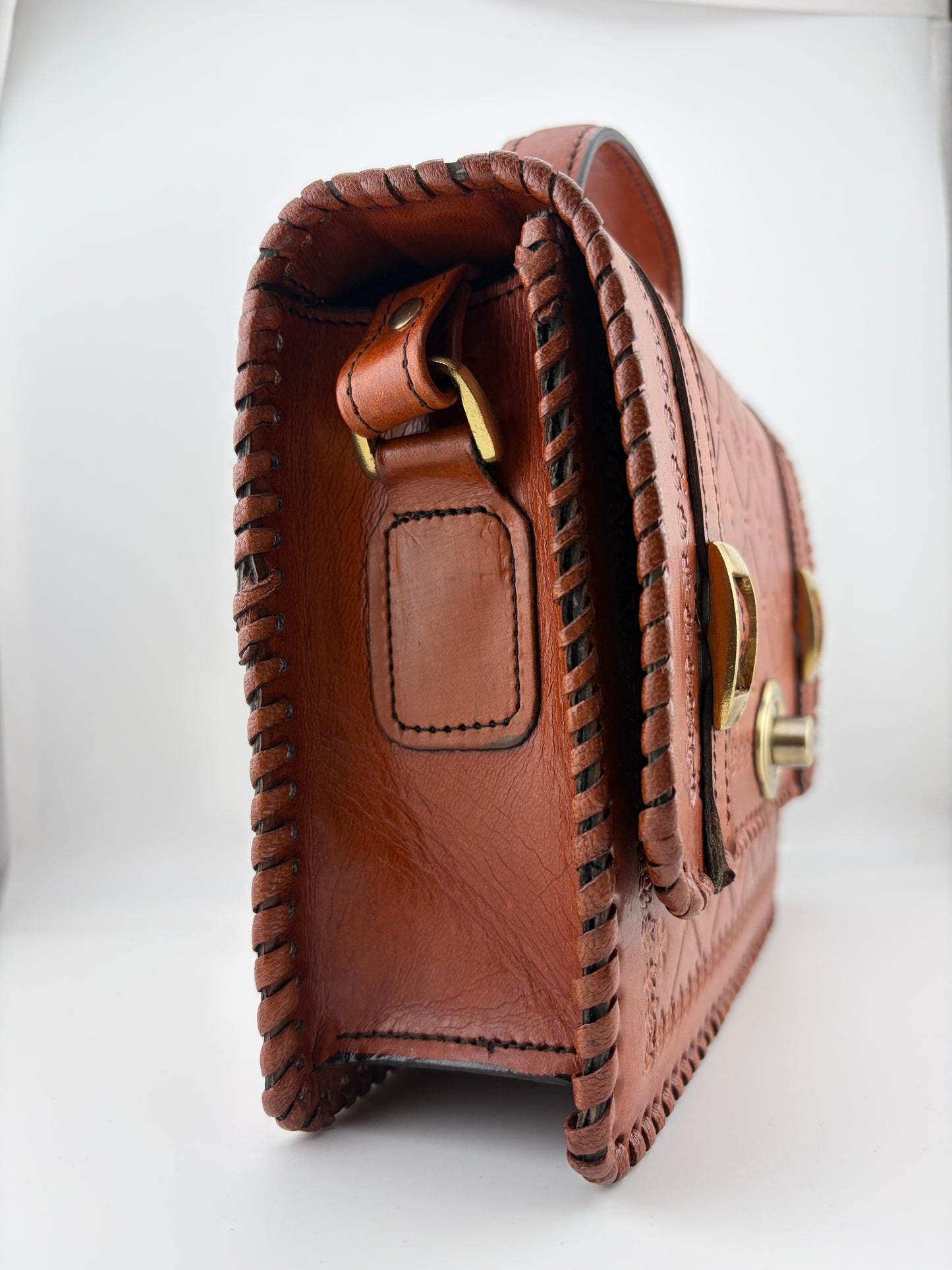 Zygma Handmade Genuine Leather Satchel Bag for Women | Hand-Stamped Floral Diamond | Brass Turn-Lock & Buckle | Tan Cognac | Structured Top Handle Crossbody Bag | Whipstitch Edges | Artisan Ethnic Purse