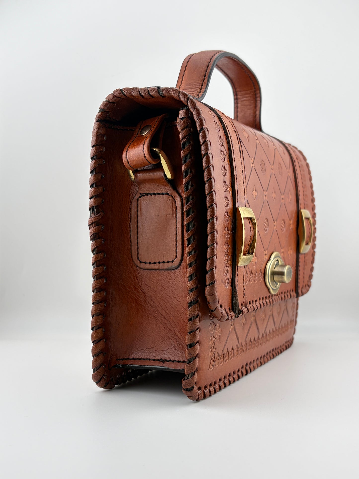 Zygma Handmade Genuine Leather Satchel Bag for Women | Hand-Stamped Floral Diamond | Brass Turn-Lock & Buckle | Tan Cognac | Structured Top Handle Crossbody Bag | Whipstitch Edges | Artisan Ethnic Purse