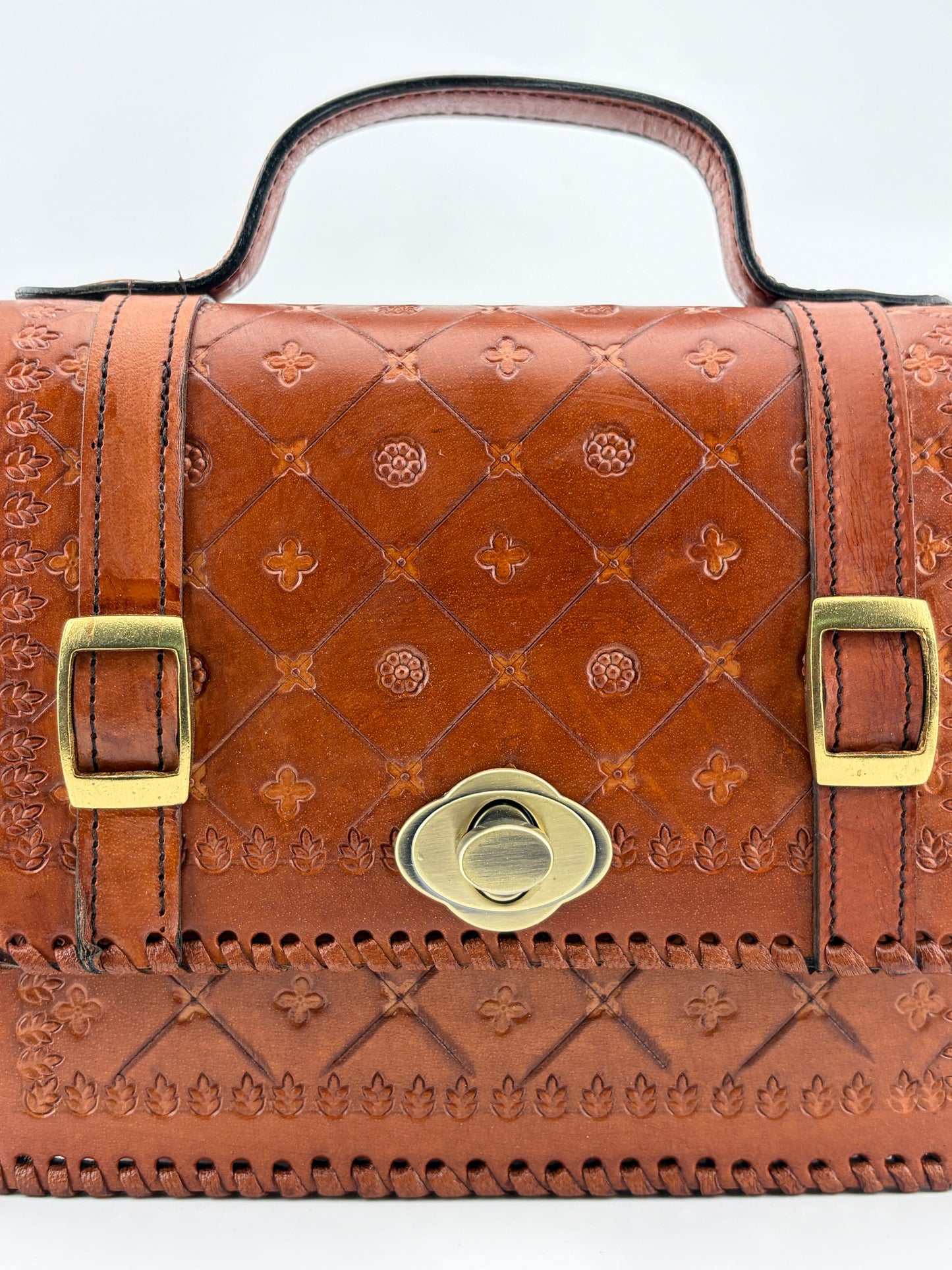Zygma Handmade Genuine Leather Satchel Bag for Women | Hand-Stamped Floral Diamond | Brass Turn-Lock & Buckle | Tan Cognac | Structured Top Handle Crossbody Bag | Whipstitch Edges | Artisan Ethnic Purse