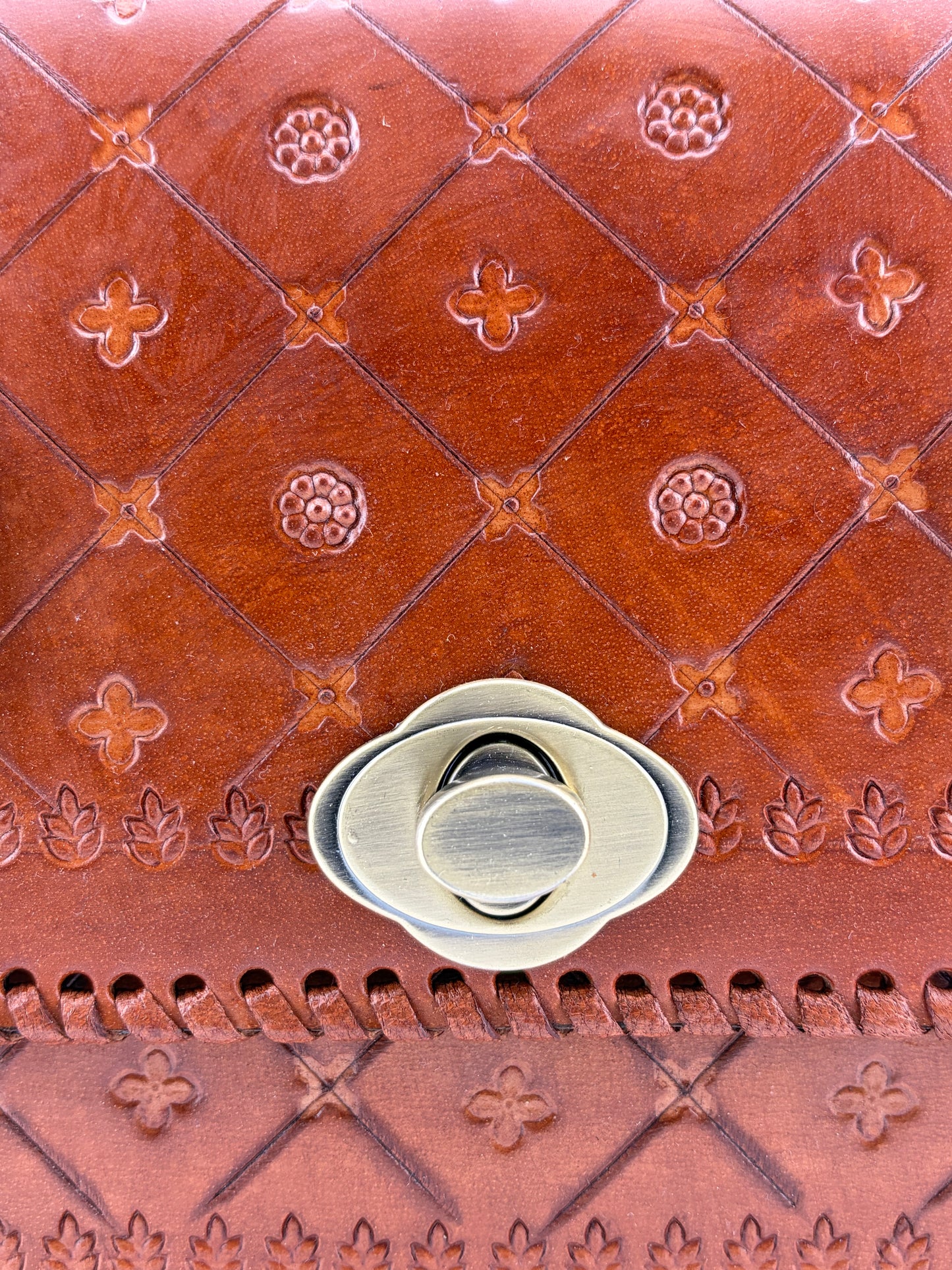 Zygma Handmade Genuine Leather Satchel Bag for Women | Hand-Stamped Floral Diamond | Brass Turn-Lock & Buckle | Tan Cognac | Structured Top Handle Crossbody Bag | Whipstitch Edges | Artisan Ethnic Purse