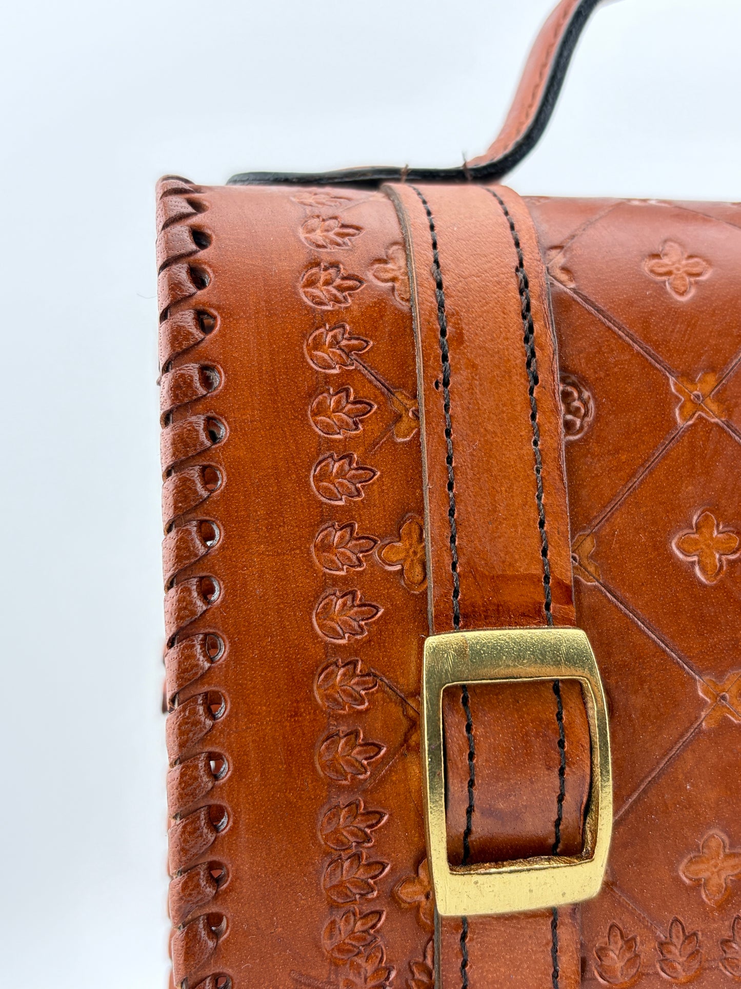 Zygma Handmade Genuine Leather Satchel Bag for Women | Hand-Stamped Floral Diamond | Brass Turn-Lock & Buckle | Tan Cognac | Structured Top Handle Crossbody Bag | Whipstitch Edges | Artisan Ethnic Purse