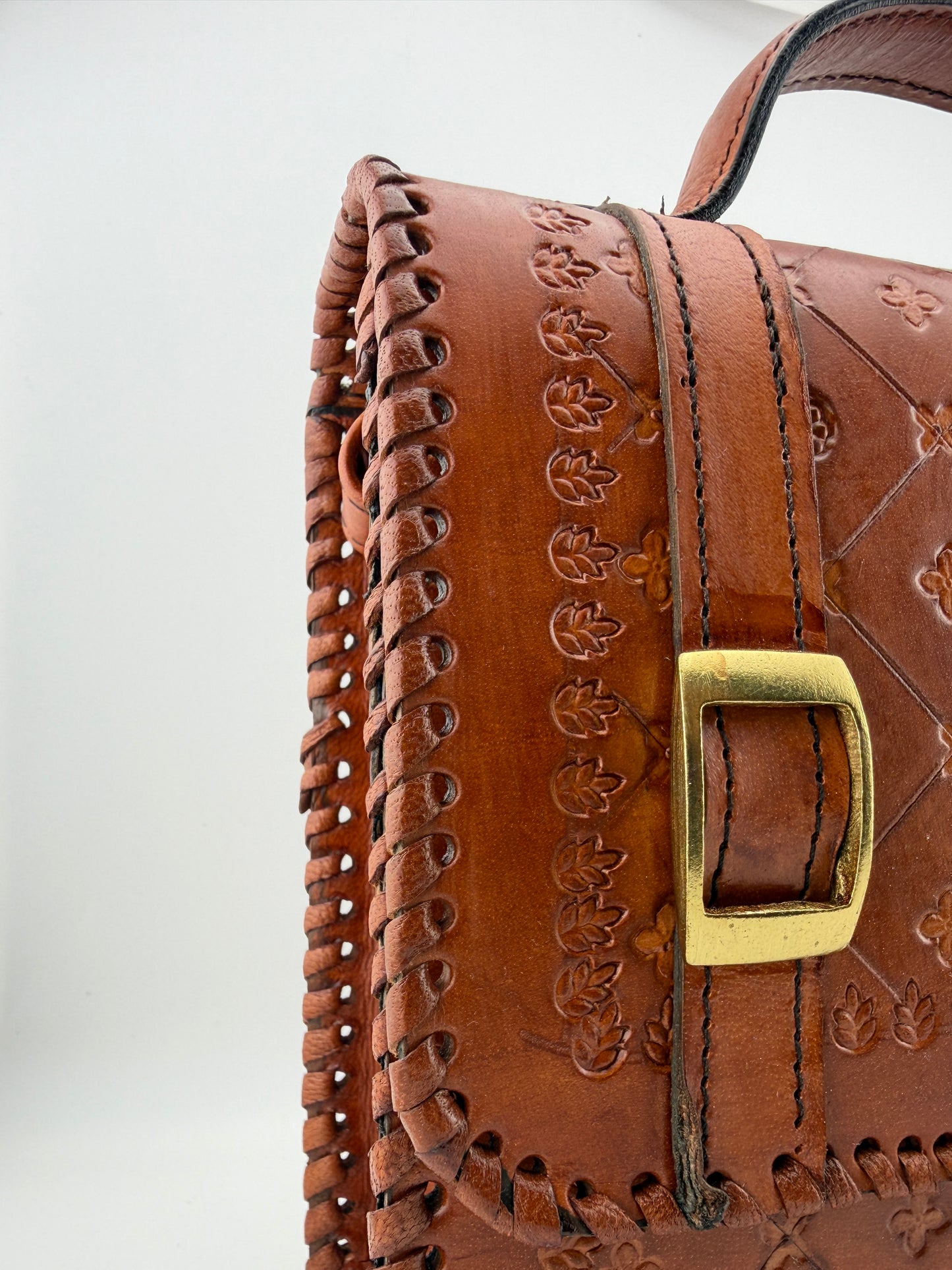Zygma Handmade Genuine Leather Satchel Bag for Women | Hand-Stamped Floral Diamond | Brass Turn-Lock & Buckle | Tan Cognac | Structured Top Handle Crossbody Bag | Whipstitch Edges | Artisan Ethnic Purse