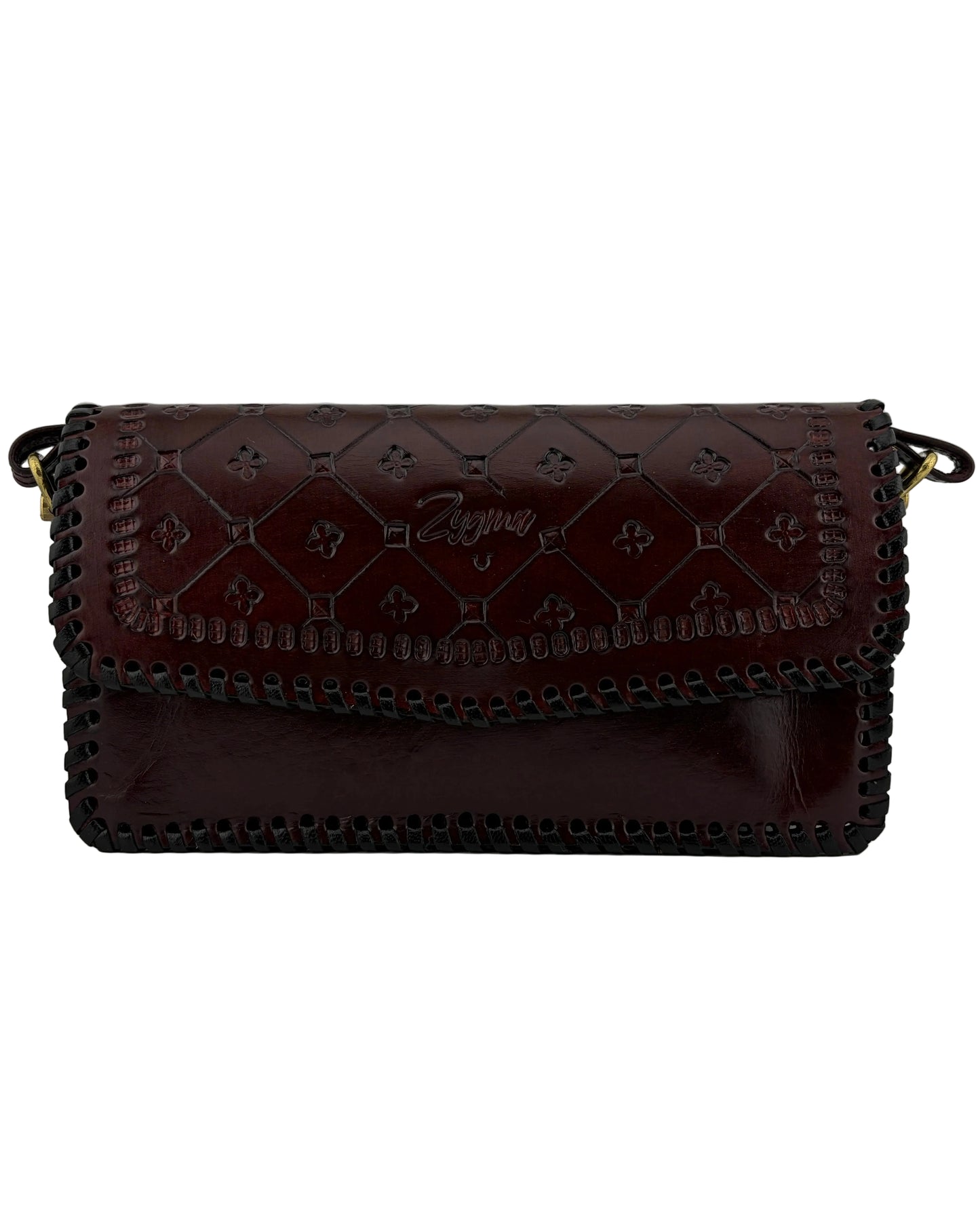 Brown handbag with intricate design on a gray background