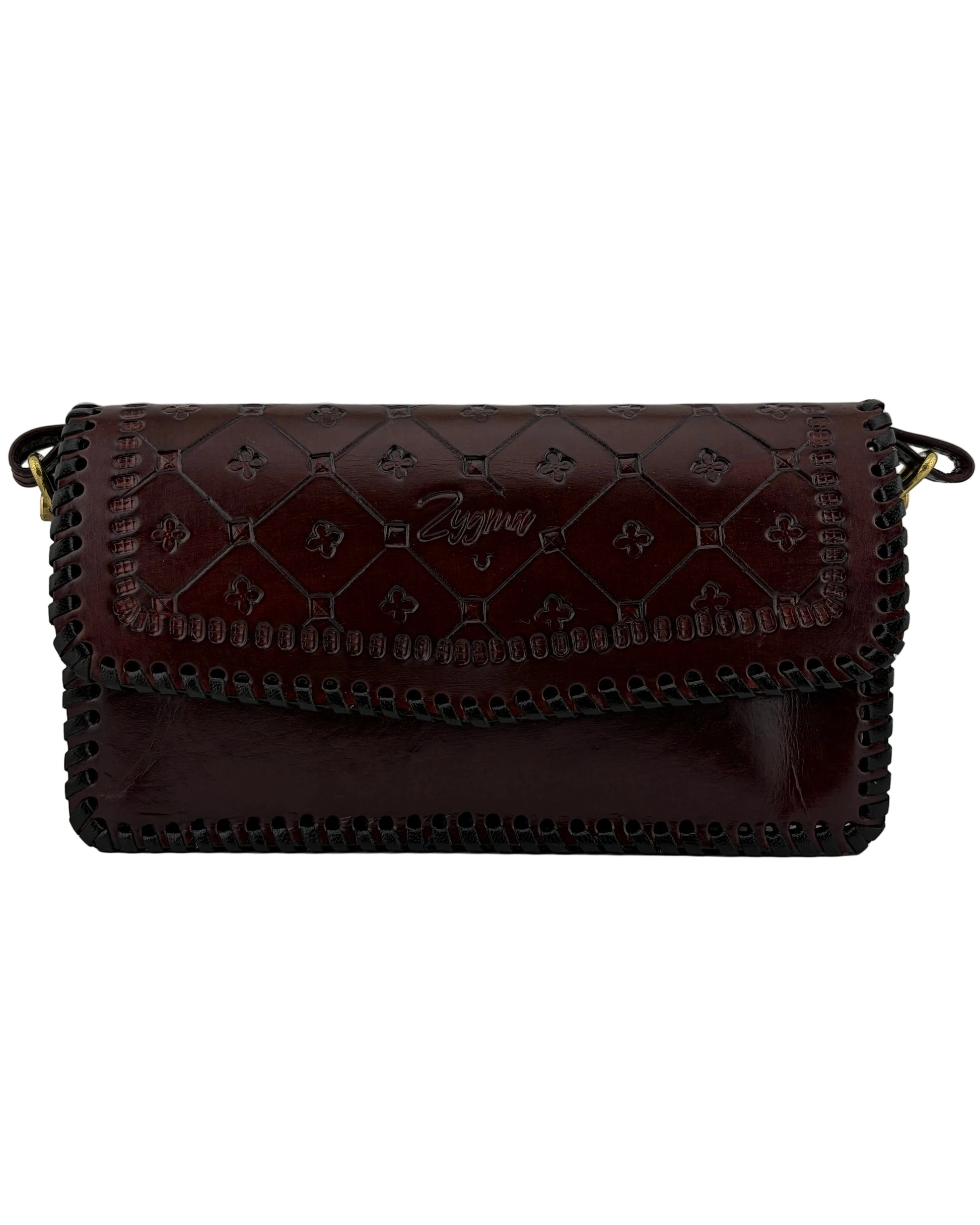 Brown handbag with intricate design on a gray background