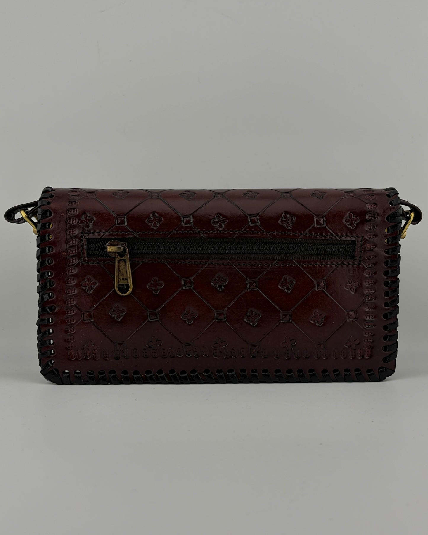 Zygma Handmade Genuine Leather Sling Bag for Women | Hand-Stamped Clover Diamond | Burgundy Wine | Compact Crossbody Bag | Black Whipstitch | Gold Brass Buckle Strap | Artisan Ethnic Boho Purse | Made in India