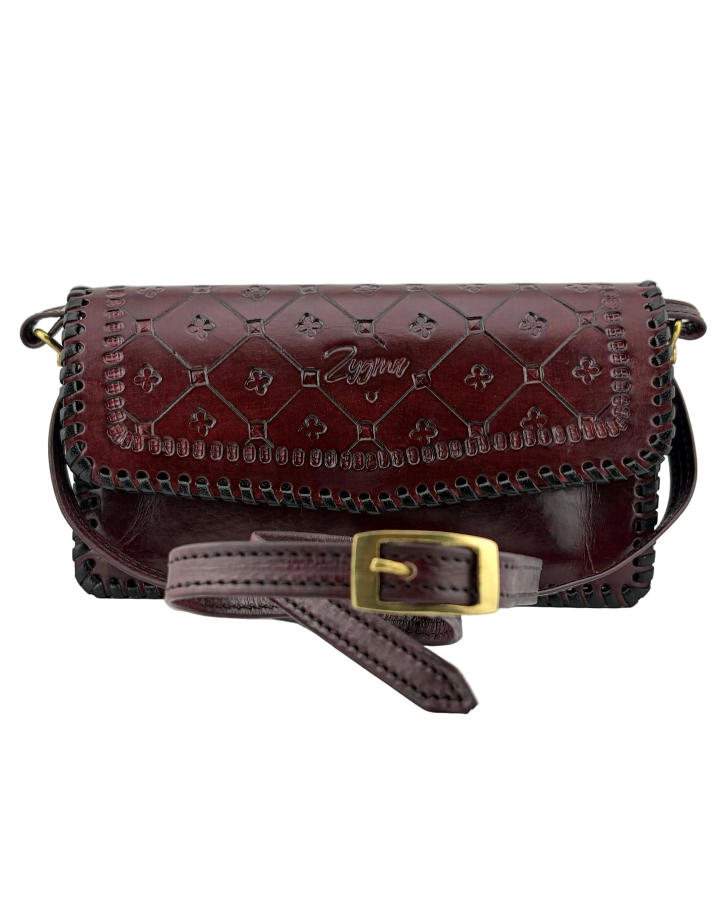 Brown leather handbag with gold buckle on a white background