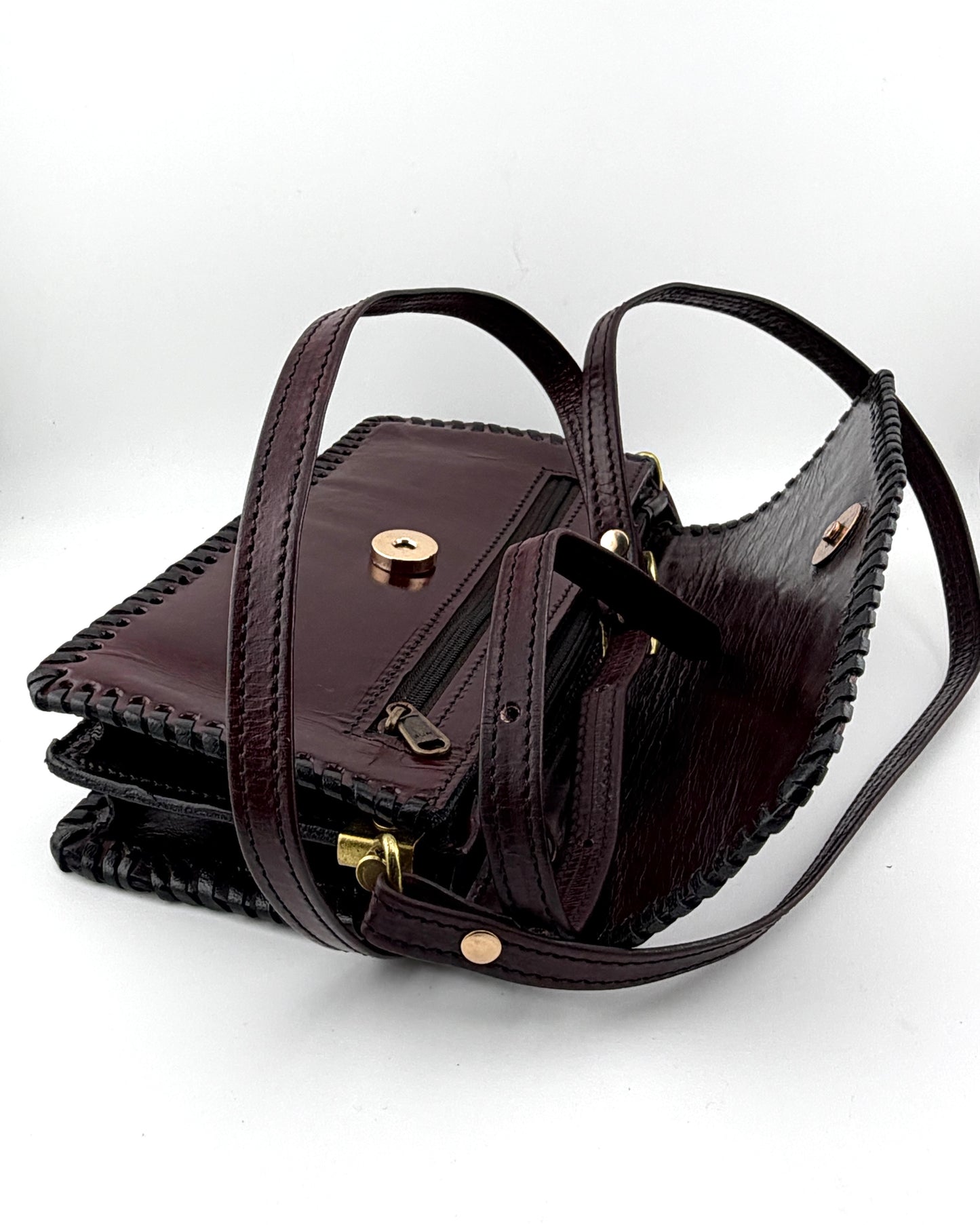 Zygma Handmade Genuine Leather Sling Bag for Women | Hand-Stamped Clover Diamond | Burgundy Wine | Compact Crossbody Bag | Black Whipstitch | Gold Brass Buckle Strap | Artisan Ethnic Boho Purse | Made in India