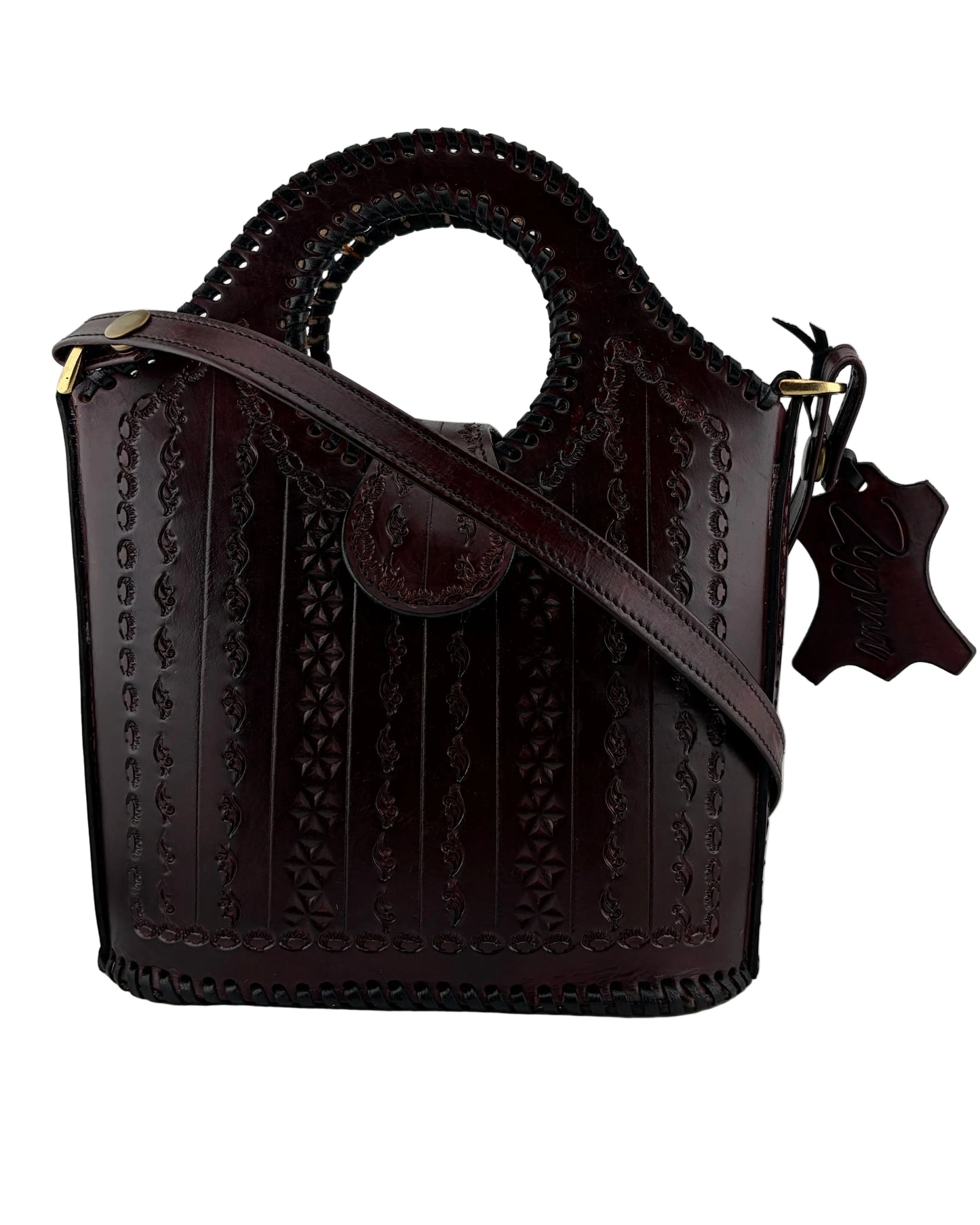 Zygma Handmade Genuine Leather Handbag for Women | Circular Whipstitch Handle | small Structured Bag | Crossbody Strap | Brown