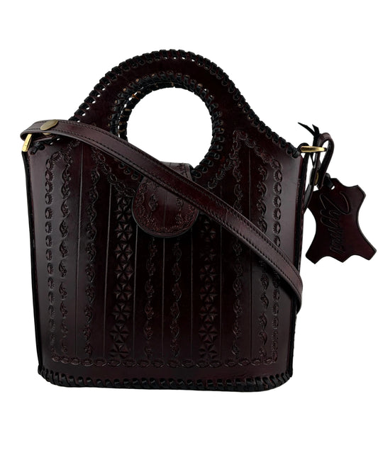 Zygma Handmade Genuine Leather Handbag for Women | Circular Whipstitch Handle | small Structured Bag | Crossbody Strap | Brown