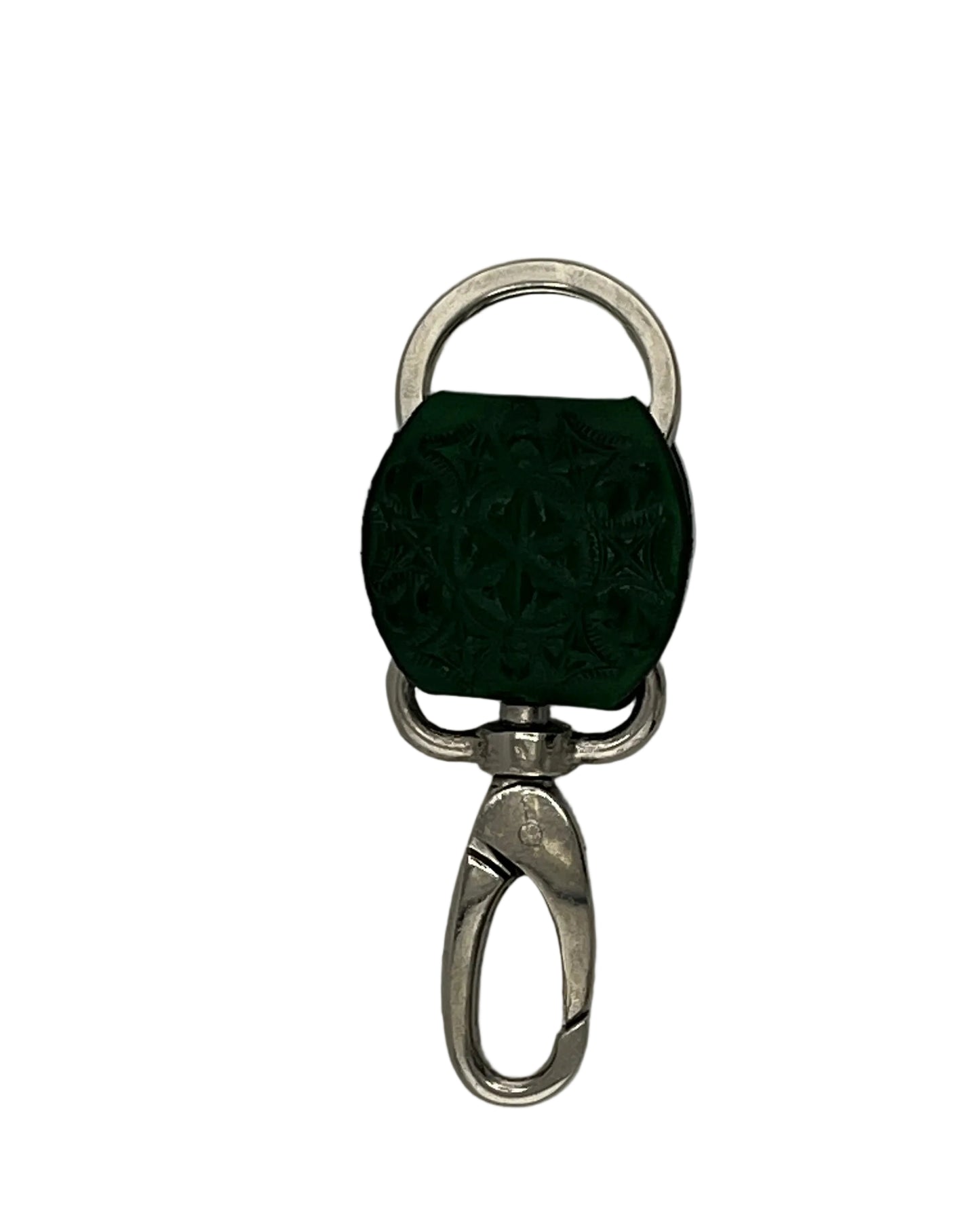 Green fabric keychain with metal clasp on a gray background